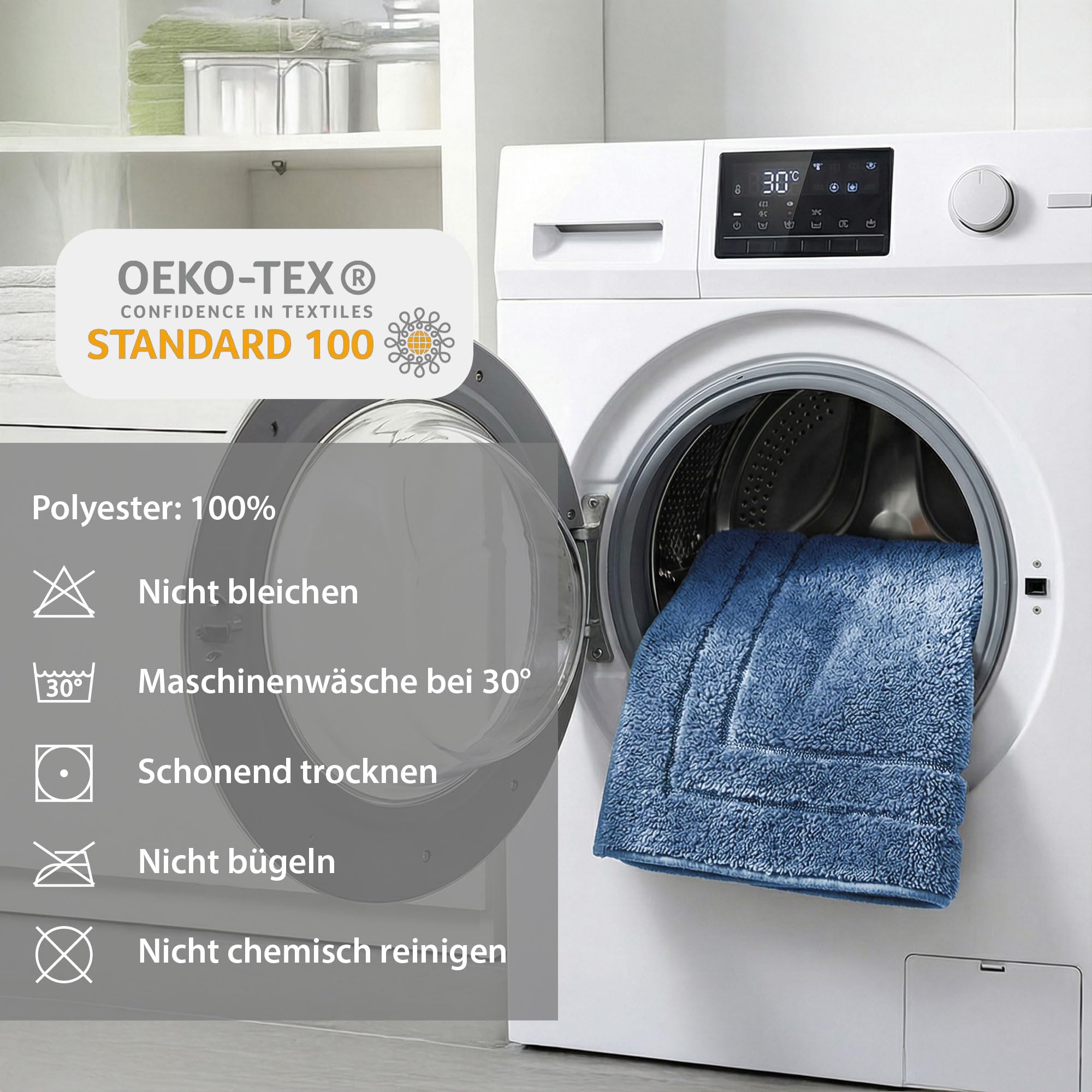 HELLSER Badezimmerteppich KIRA | Badematte rutschfest & Waschbar | Weicher Mikrofaser Badteppich | Saugfähig & Schnelltrocknend | Oeko-TEX Badvorleger für Fußbodenheizung | Blau | 60x120 cm