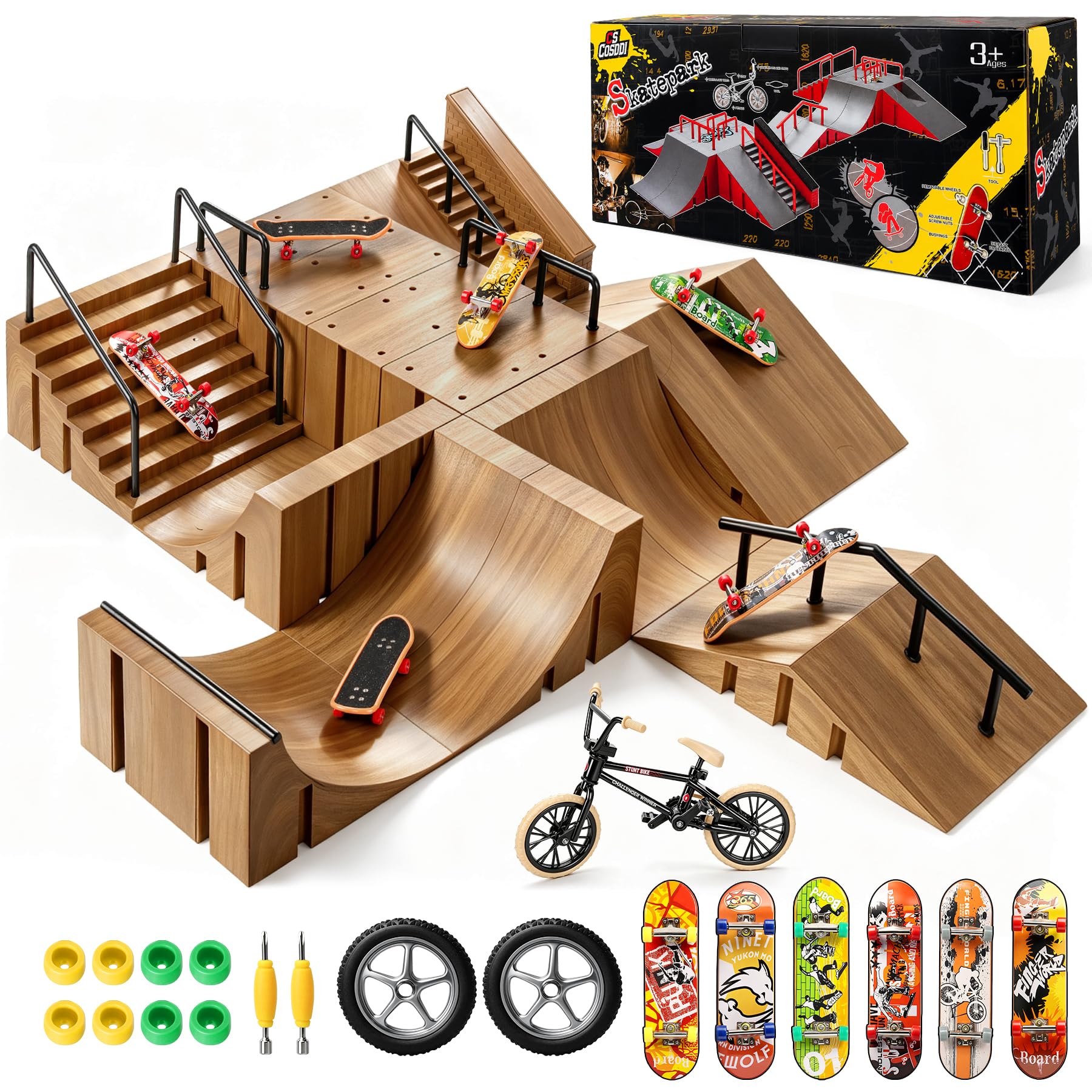 CS COSDDI Wood-Grain Plastic Finger Skate Park, 6 Boards &amp; 1 Finger Bike