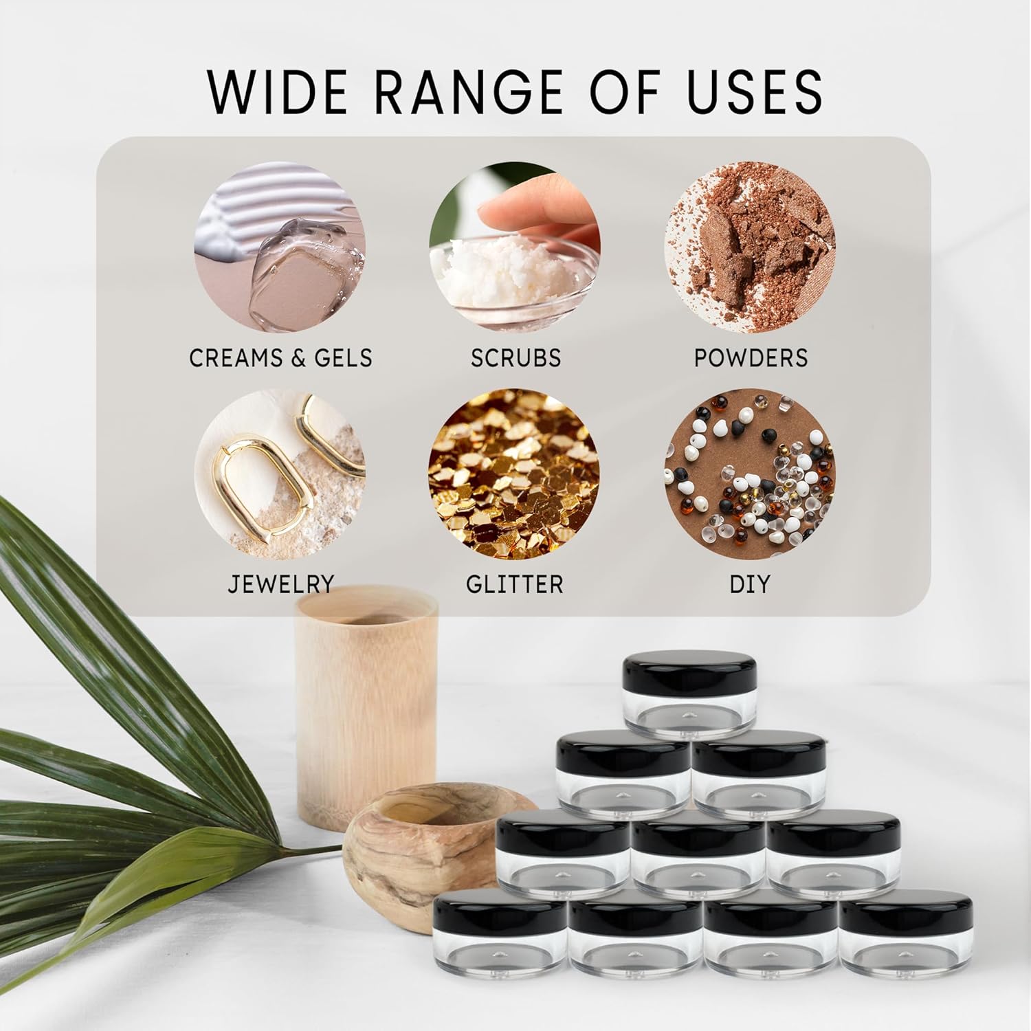 Beauticom 5G/5ML Round Clear Jars with Black Lids for Acrylic Powder, Rhinestones, Charms and Other Nail Accessories - BPA Free (Quantity: 500pcs)