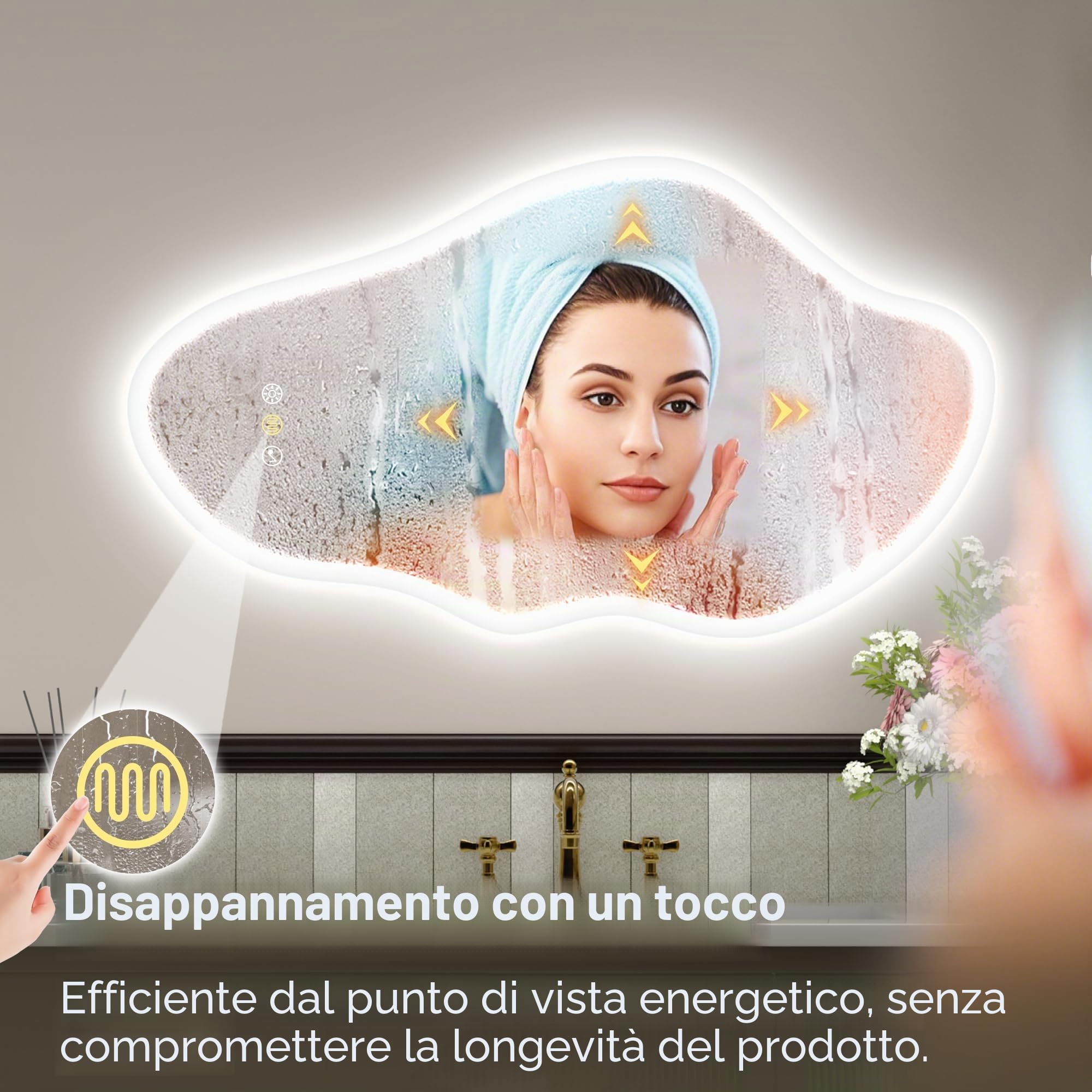 STARLEAD 100x60cm Irregolare Specchio-Bagno-con-Luce e Bluetooth, Asimmetrico Specchiera-Bagno con Dimmerabile, 3 Colori Luce, Antifog, Memoria, IP44, HD Vetro Temperato, Orizzontale/Verticale