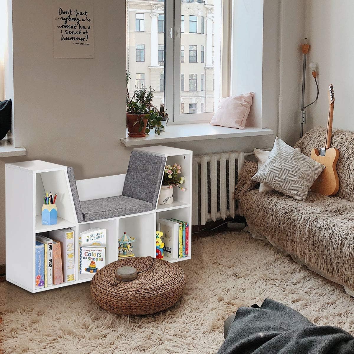 Nightcore 6-Cubby Kids Bookcase, Reading Nook Organizer with Seat Cushion, Multi-Purpose Toy Storage Organizer, Reading Corner with Bins for Bedroom, Living Room, Playroom (White)