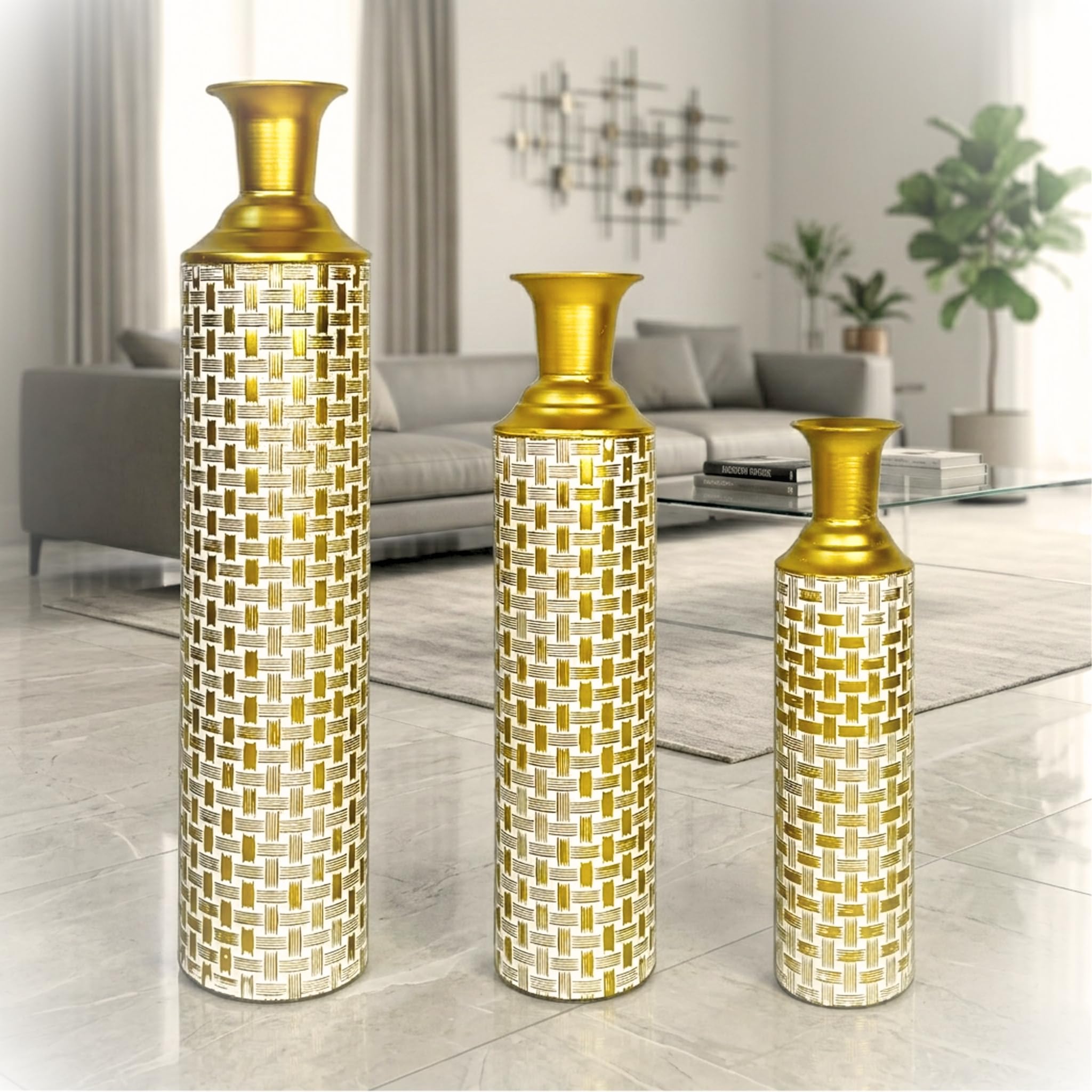 Leewadee Set of 3 Large Floor Vases 65/53/41 cm - Tall Metal Decorative Vases in Gold for Home Decor โ image 1