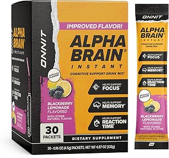 ONNIT Alpha Brain Instant Cognitive Support Drink Mix, BlackBerry Lemonade Flavor, Nootropic Supplement for Focus, Memory, and Clarity, 0.13 oz Packets, 30 Count