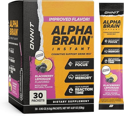 ONNIT Alpha Brain - Mezcla de bebida instantánea de apoyo cognitivo, sabor a limonada de mora, suplemento nootrópico para concentración, memoria
