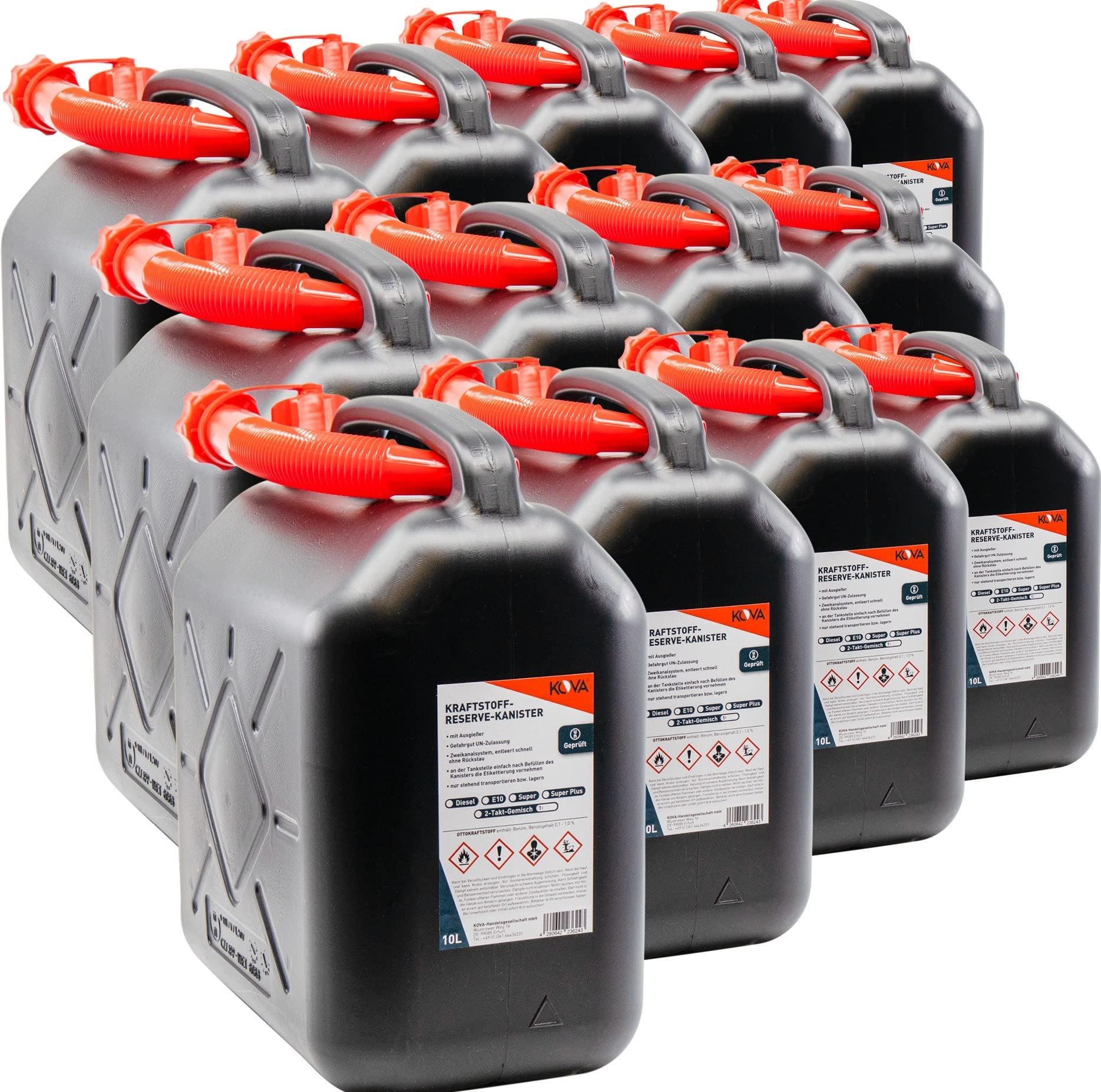 KOVA 13x Benzinkanister 10L SCHWARZ Kunststoff Dieselkanister Reservekanister Kraftstoffkanister 10 Liter Wasserkanister für Benzin Diesel Wasser AdBlue 10-Liter-Kanister & Außgießer 10 ltr Petrol Can