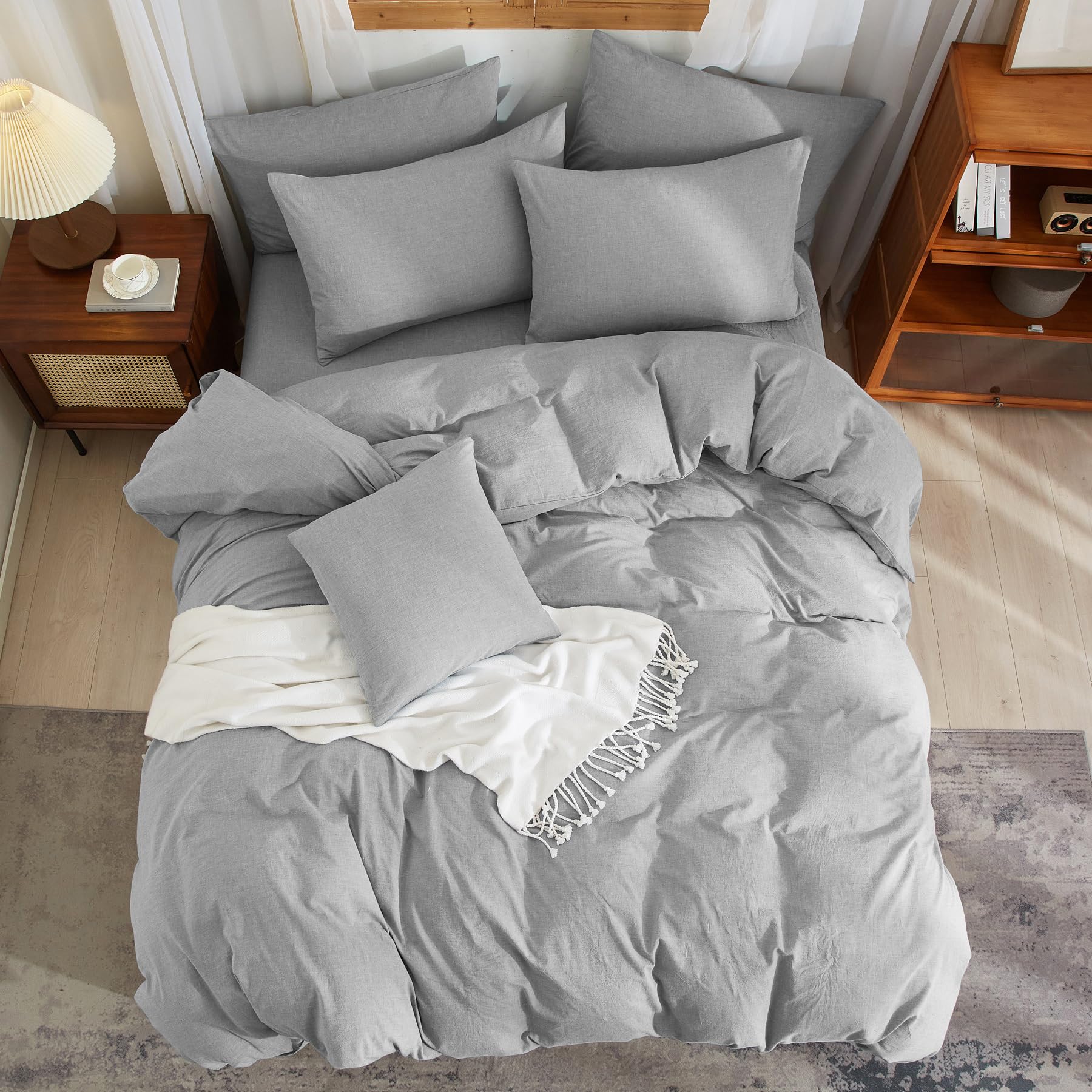 Funda nórdica de 240 x 260 cm, color gris claro, suave, transpirable, suave, mezcla de algodón, lino, ropa de cama para 2 personas con cremallera y fundas de almohada de 65 x 65 cm