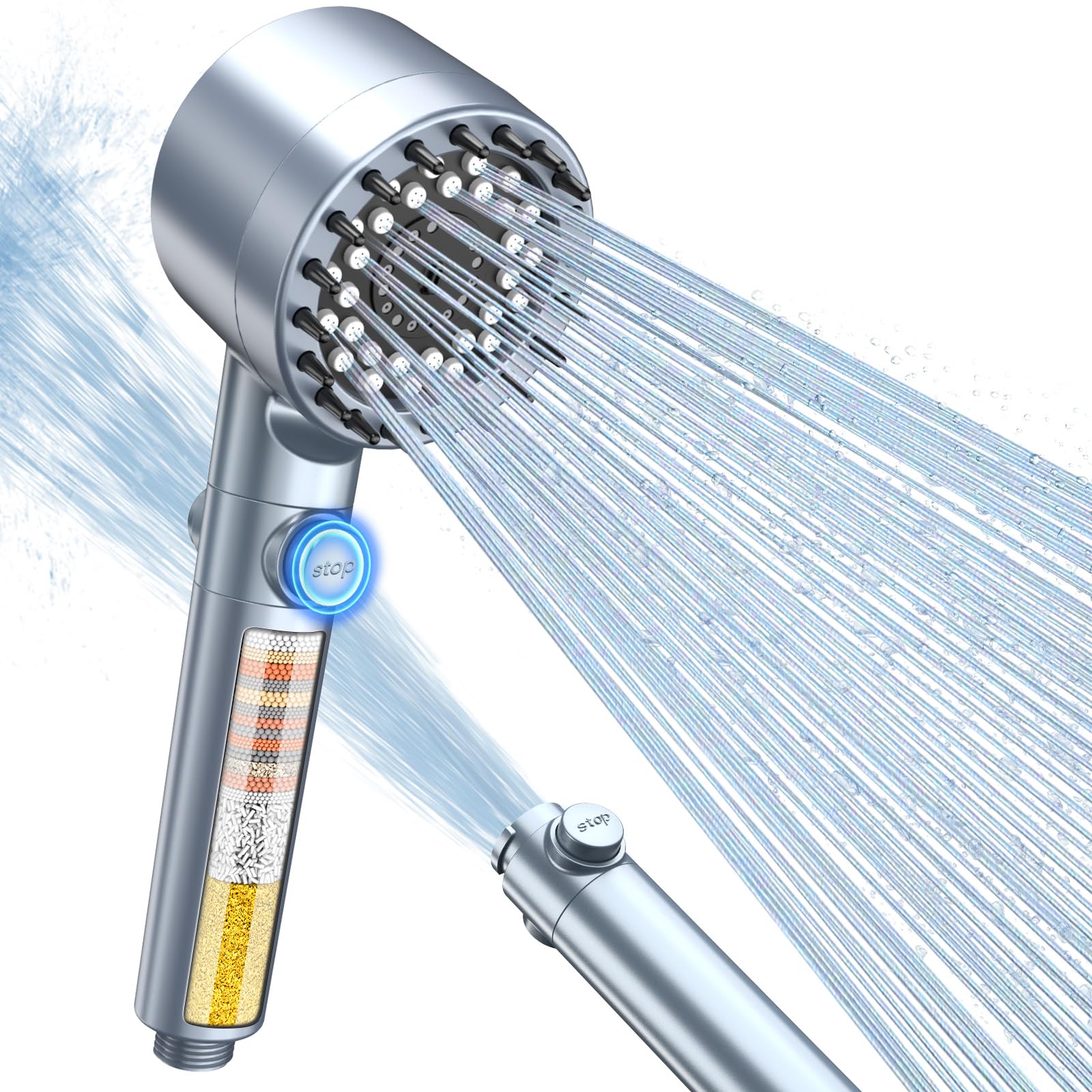 FEELSO Duschkopf mit 15-Schichte Filter, 4 Strahlarten Hochdruck Wassersparender Duschbrause mit stoppfunktion, Handbrause mit Anti-Verstopfungsdüsen für Entfernen vom Rest-Chlor
