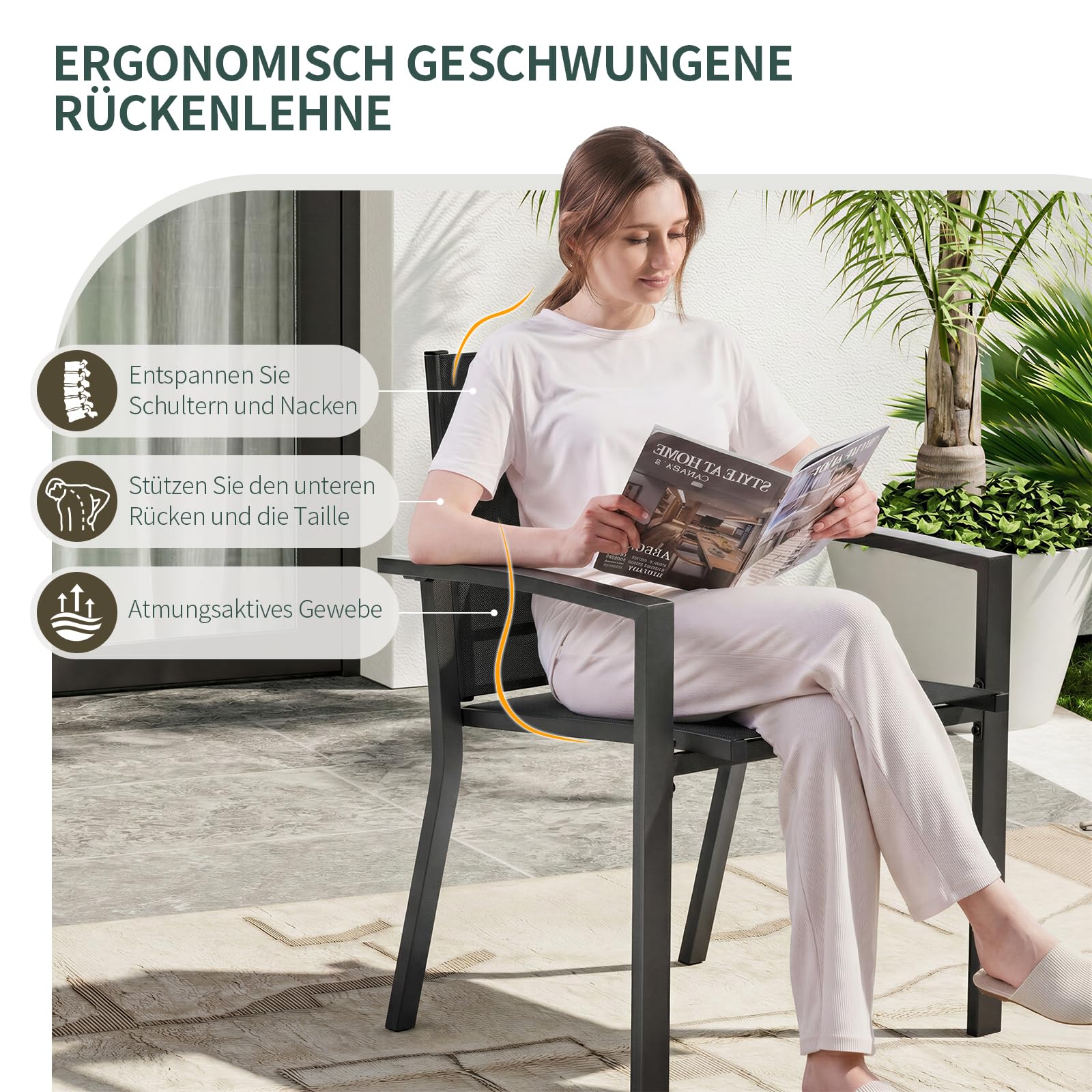 Amopatio 4er Set Gartenstühle Stapelbar mit Armlehnen - Gartenstuhl Hochlehner aus Textilene & Metall, wetterfest & rostbeständig - Komfortabler Gartensessel für Garten, Balkon und Terrasse, Schwarz