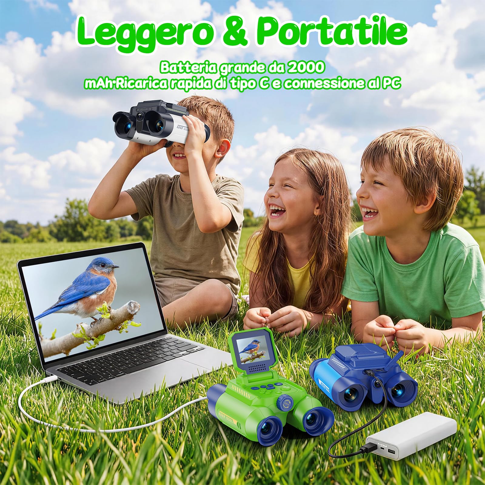 Binocolo Bambini con Fotocamera, Visione Notturna(Verde) | Binocolos Interattivo con Zoom Ottico 10x, Foto 48 MP e Video in 1080P, Esplorazione Natura regalo per bambini