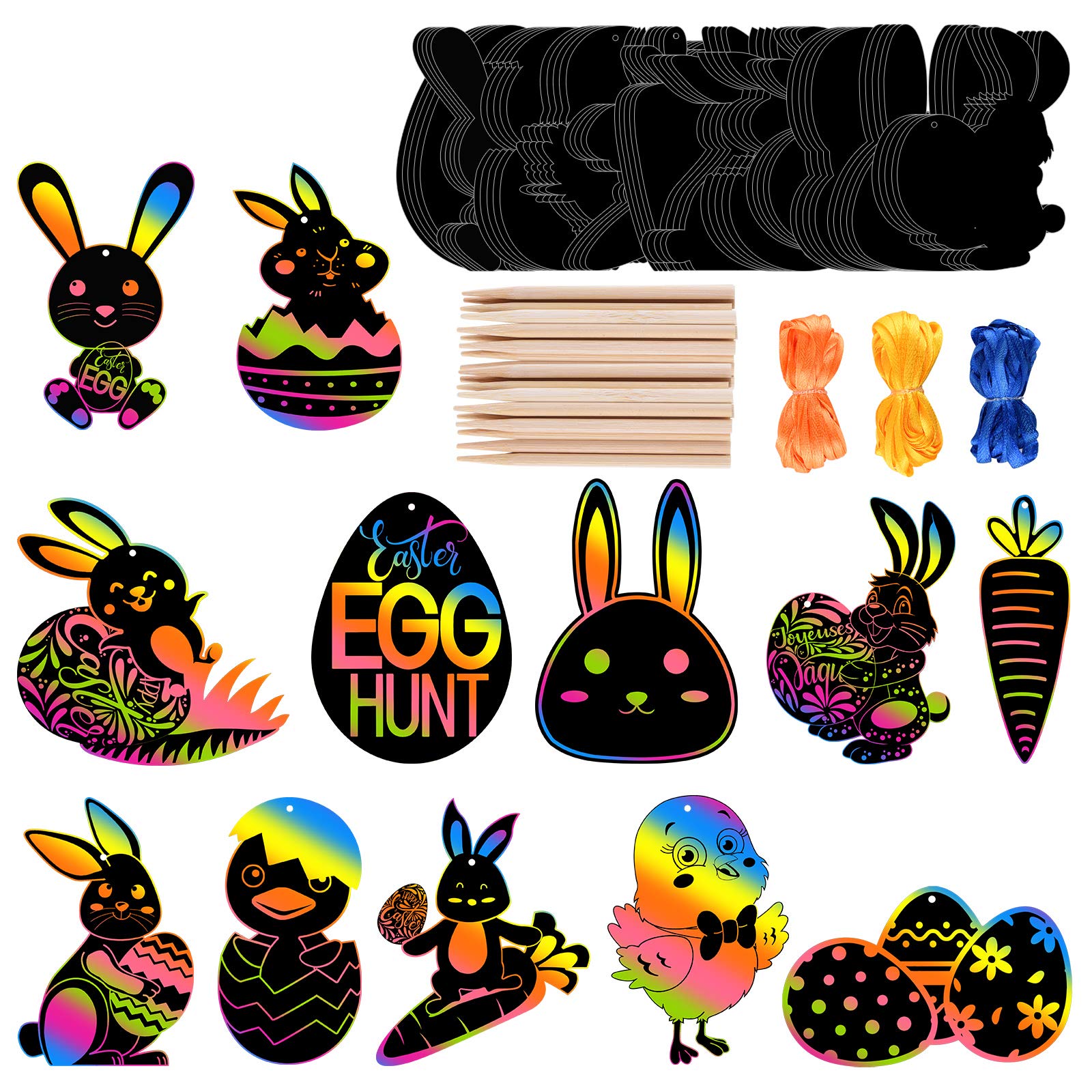 FEPITO 24 Pcs Easter Scratch Paper Kits Bunny Scratch Paper Black Doodle Pad Magic Painting Board Craft with 10 Wooden Stylus and 8M Ribbons for Easter