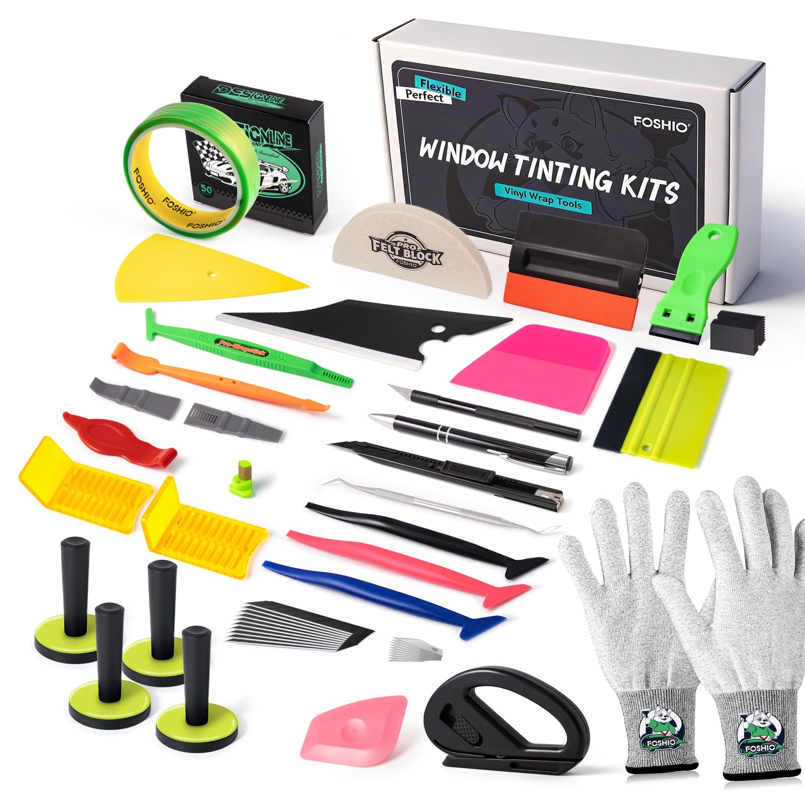 FOSHIO Kit d'outils en vinyle sans couteau de 50 m pour voiture - Contient 4 aimants pour enroulement de voiture, micro raclette, grattoir, raclette en feutre, gants, raclette, cutter pour film teinté