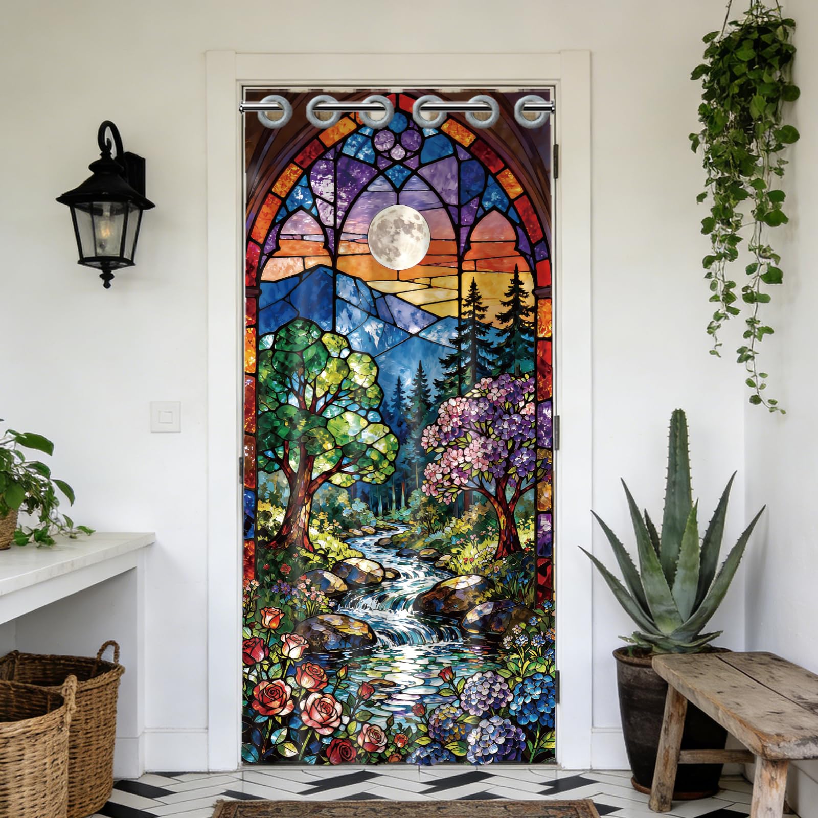 CONCHLERY Colorful Glass Style Landscape Pattern Door Curtain Doorway Curtain Folding Room Divider Curtains for Home Restaurant Door Decor, 78x39 Inch