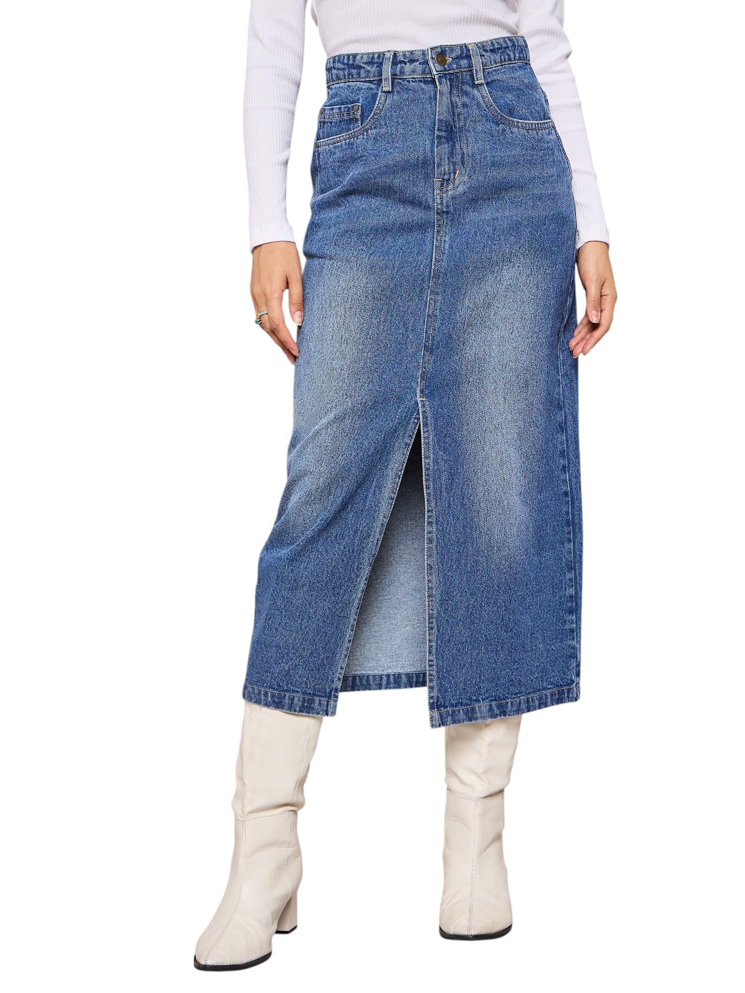 Women's Denim Front Slit Midi Skirt-image-36