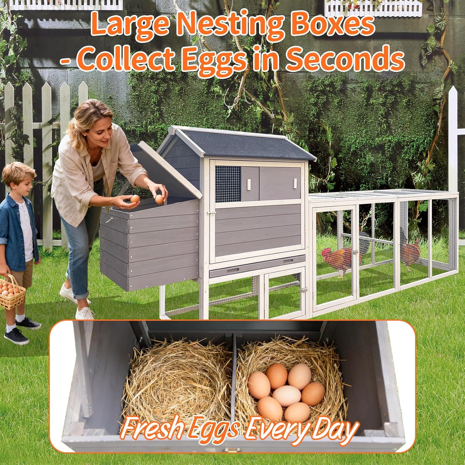 Polibi Multi-Use Outdoor Pet House: Large Wooden Chicken Coop & Rabbit Hutch with Run, Nesting Box, Waterproof Anti-UV Roof & Openable Top for Easy Egg Access (Gray+White, 114.06'' L)