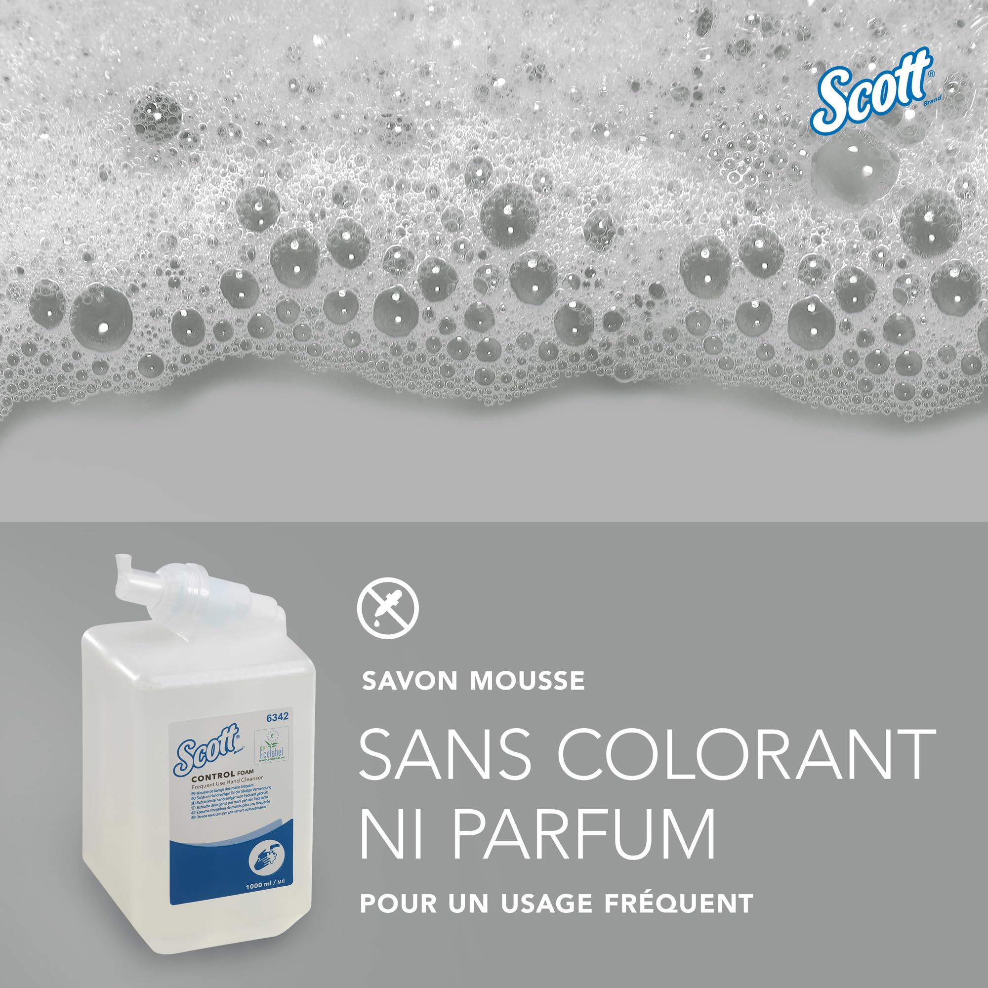 Scott Control savon mousse pour les mains pour un usage fréquent 6342 - Savon mousse non parfumé pour les mains - 6 recharges x 1 litre de Savon mousse transparent pour les mains (6 litres au total)