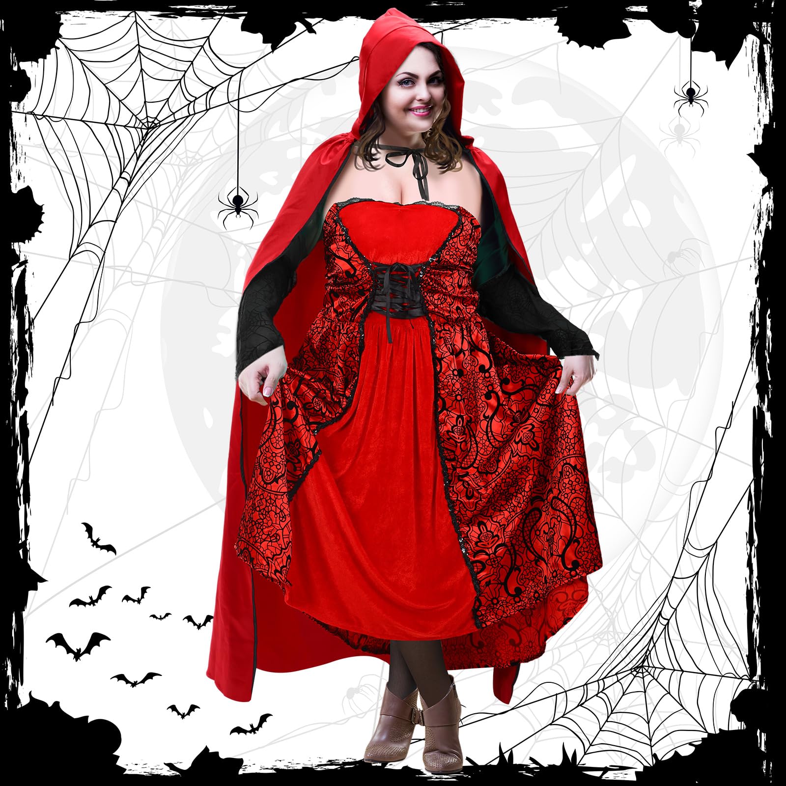 Mepase Disfraz de Caperucita Roja de talla grande para mujer adulta, capa con capucha de Halloween, capa roja, vestido, medias, guantes para cosplay, accesorios de fiesta