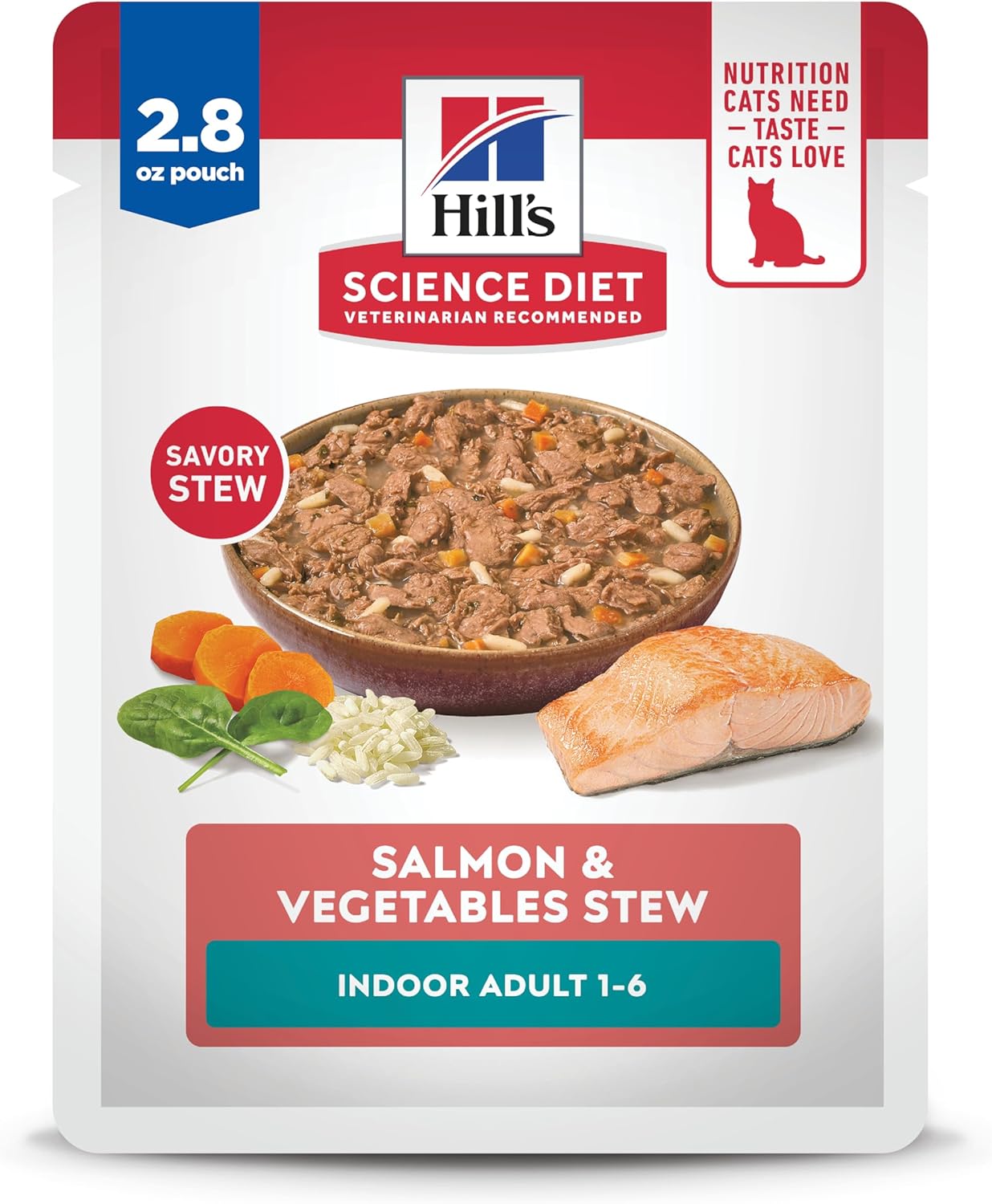 Hill's Science Diet Adult 1-6 Indoor Wet Cat Food, Salmon & Vegetables Stew, 2.8 oz. Pouches, 24-Pack