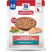 Hills Science Diet Adult 1-6 Indoor Wet Cat Food, Salmon & Vegetables Stew, 2.8 oz. Pouches, 24-Pack