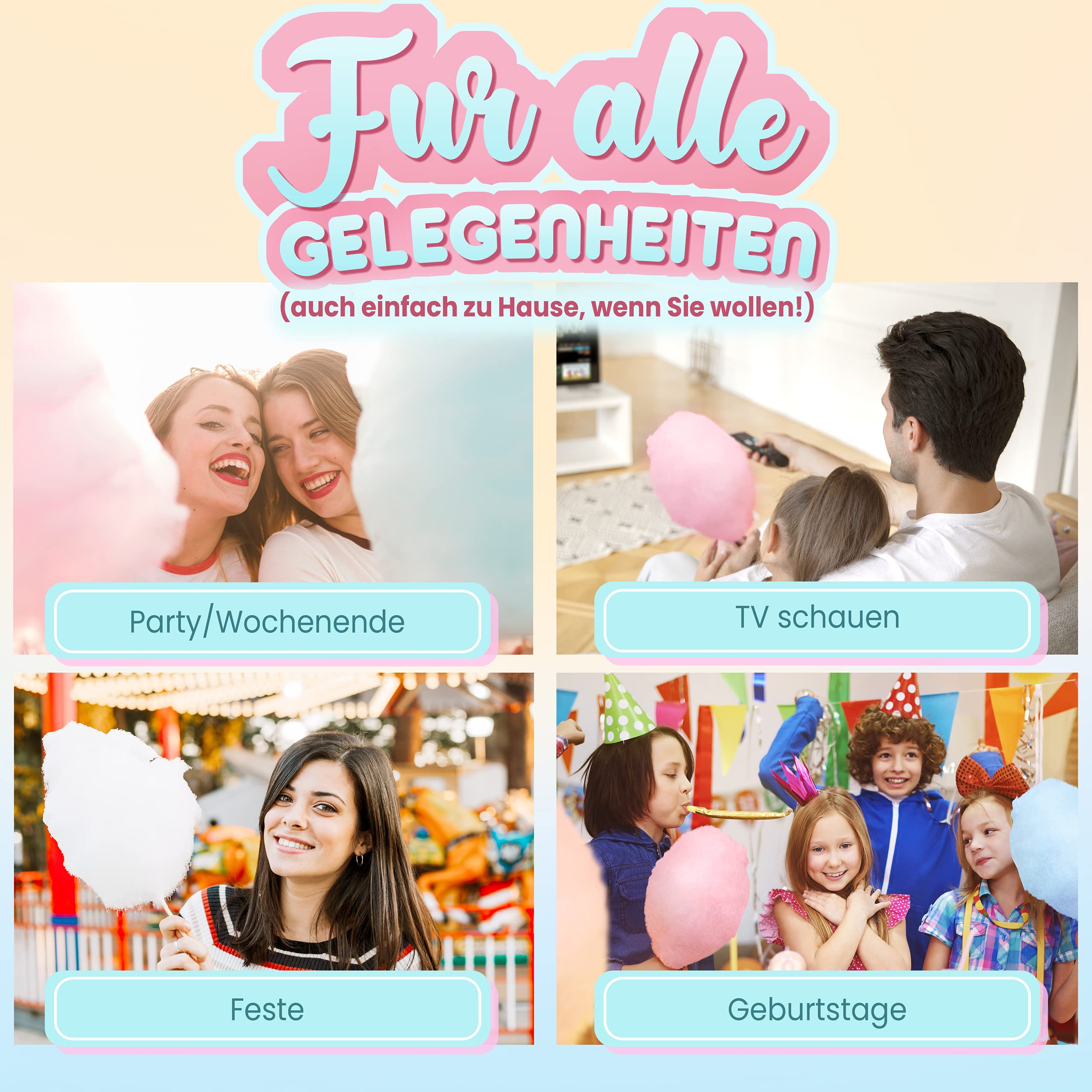 GREENDOSO® Zuckerwatte Zucker Set 5x300g - Natürliche Aromen & Farben - Erdbeere/Cola/Apfel/Marshmallow/Vanille + 50 Stäbchen für Zuckerwattemaschine