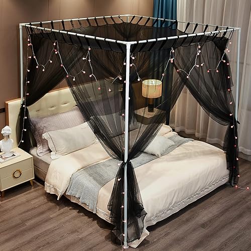 Miniatura 8 de Cortina de 4 esquinas con poste para cama, toldo de mosquitera, para cama Queen y King, elegantes cortinas de cama para niñas y adultos, decoración