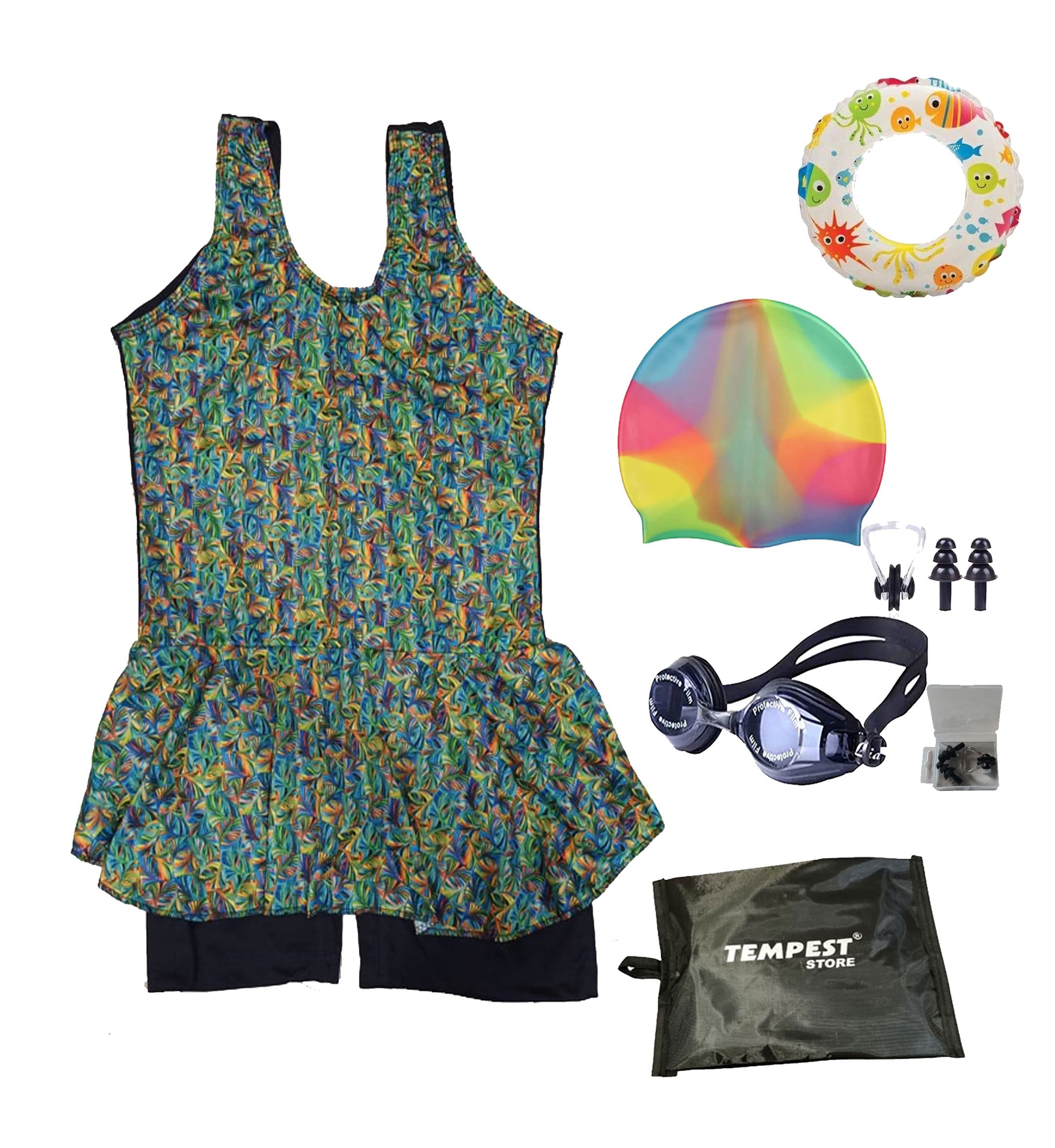 TEMPEST Girls's Swimming Kit with 1 Printed Swimming Costume | Printed Swim Suit | Swimwear | Swimming Dress Goggles Cap Ear Plug Nose Clip Swimming Tube with KIT Bag (Multicolor, 2 Years - 3 Years) 2