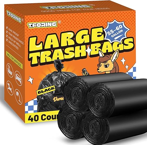 TFORING - Bolsas de basura grandes de 55 a 60 galones - Bolsas de basura negras resistentes forros de plástico para botes de basura bolsas de cesta