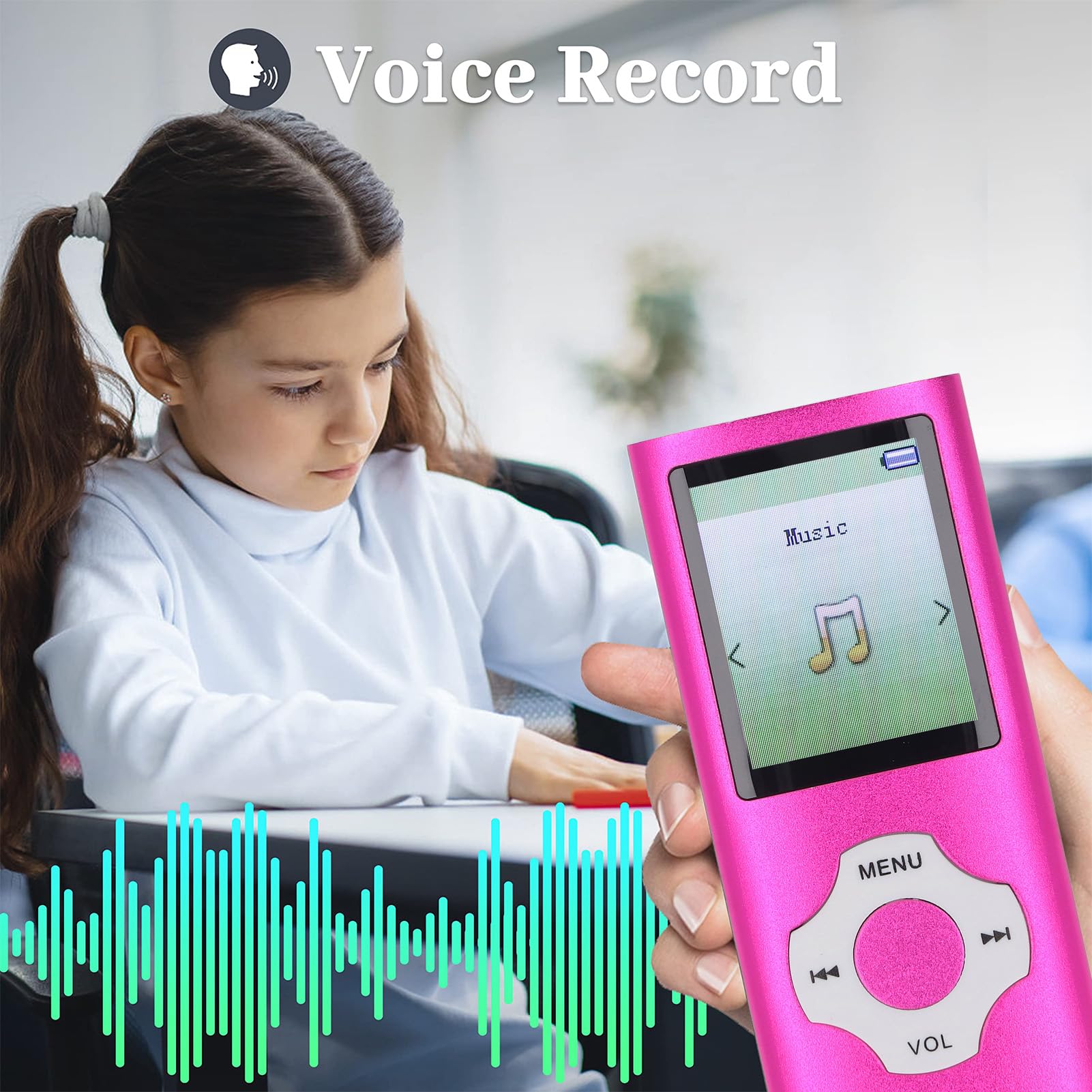 MP3 Player MP4 Player, Bluetooth 5.0 Portable HiFi Sound Music Player with 32GB Memory Card, Built in HD Speaker, 1.8in Color Screen, Supports E Book, Voice Recording, Photo