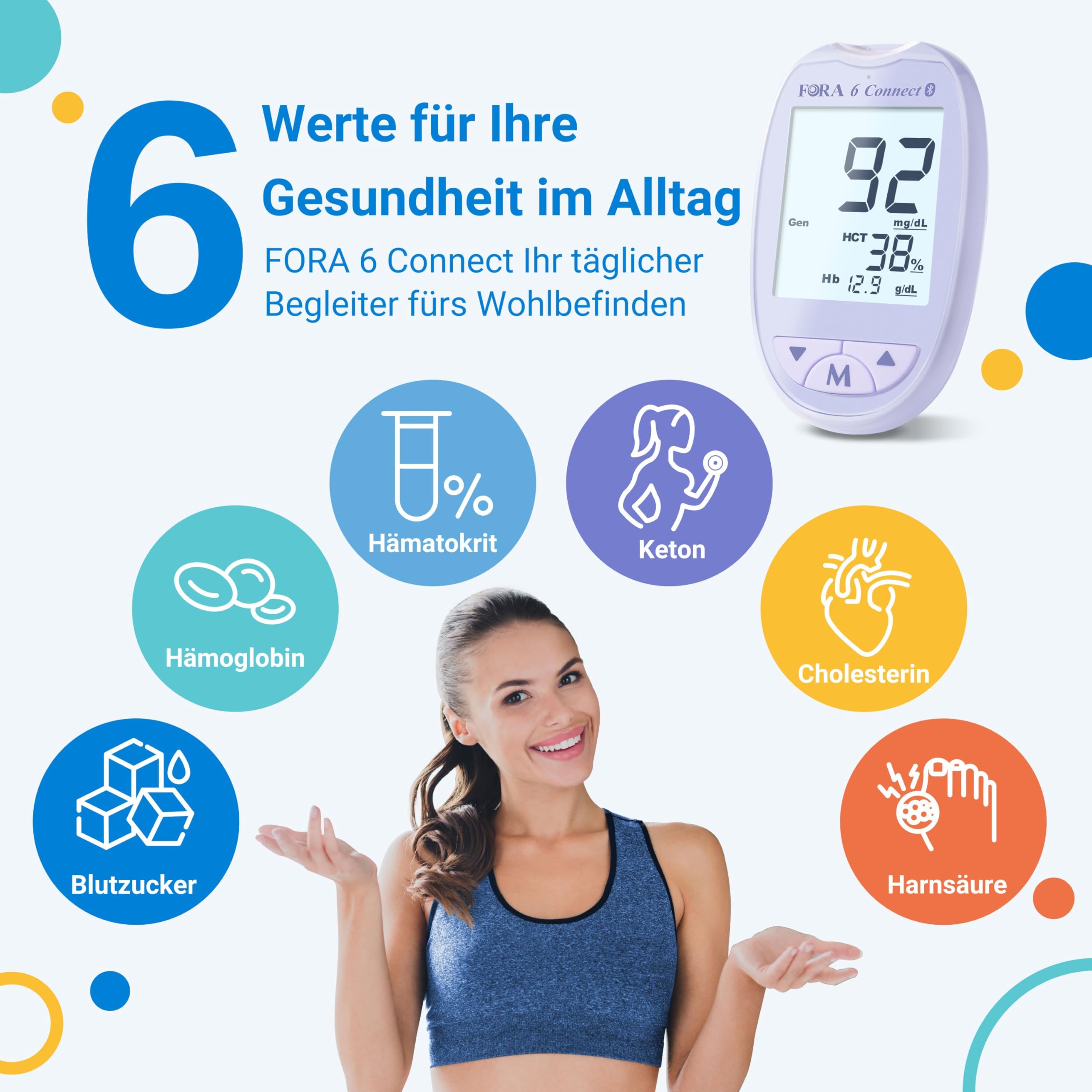 FORA 6 Connect | 4-in-1 Blutzucker-, Keton-, Cholesterin-, Harnsäure-Messgerät | Für die Selbstanwendung zu Hause | Bluetooth & App | Inkl. Teststreifen & Zubehör, Lavendel Lila