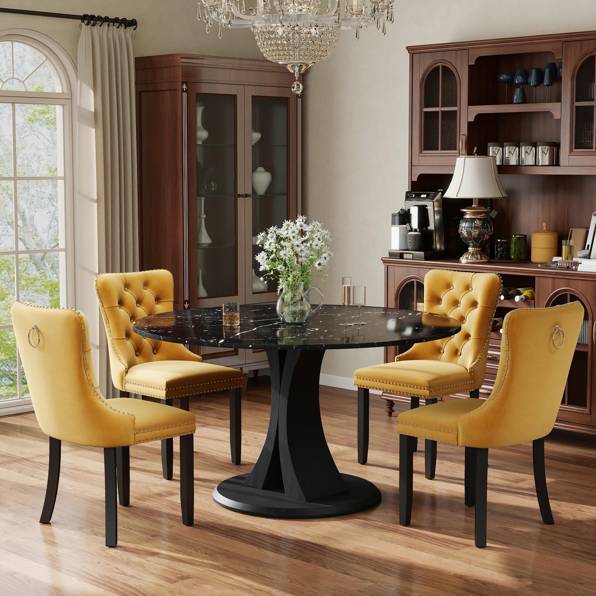 5-Piece Dining Table Set for 4 with 47 In Black Faux Marble Round Table