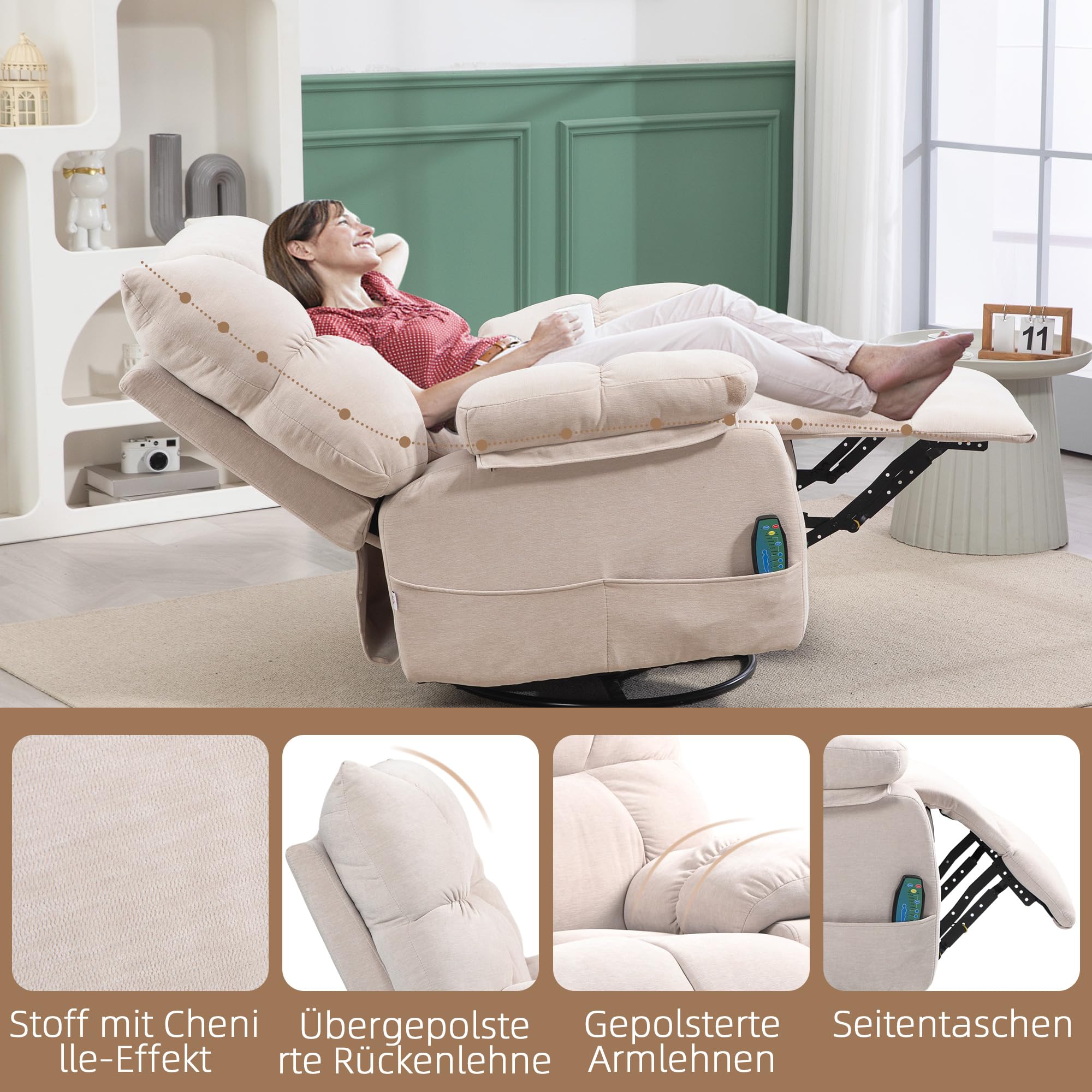 HOMCOM Relaxsessel mit Massagefunktion und 8 Vibrationspunkten, Beige | Fernsehsessel, Heizfunktion, Wippfunktion, Drehbarer Liegesessel, Fernbedienung, Seitentasche, Kunstleder