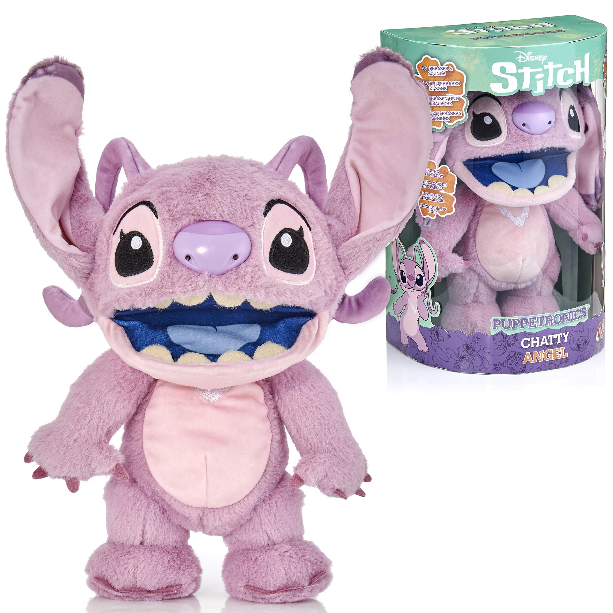 Wow! Stuff Disney Chatty Angel Deluxe Puppetronic, Interaktive Animatronik Puppe mit über 50 Sounds, spricht und bewegt Sich, Größe ca. 30 cm, für Kinder und Erwachsene, Violett