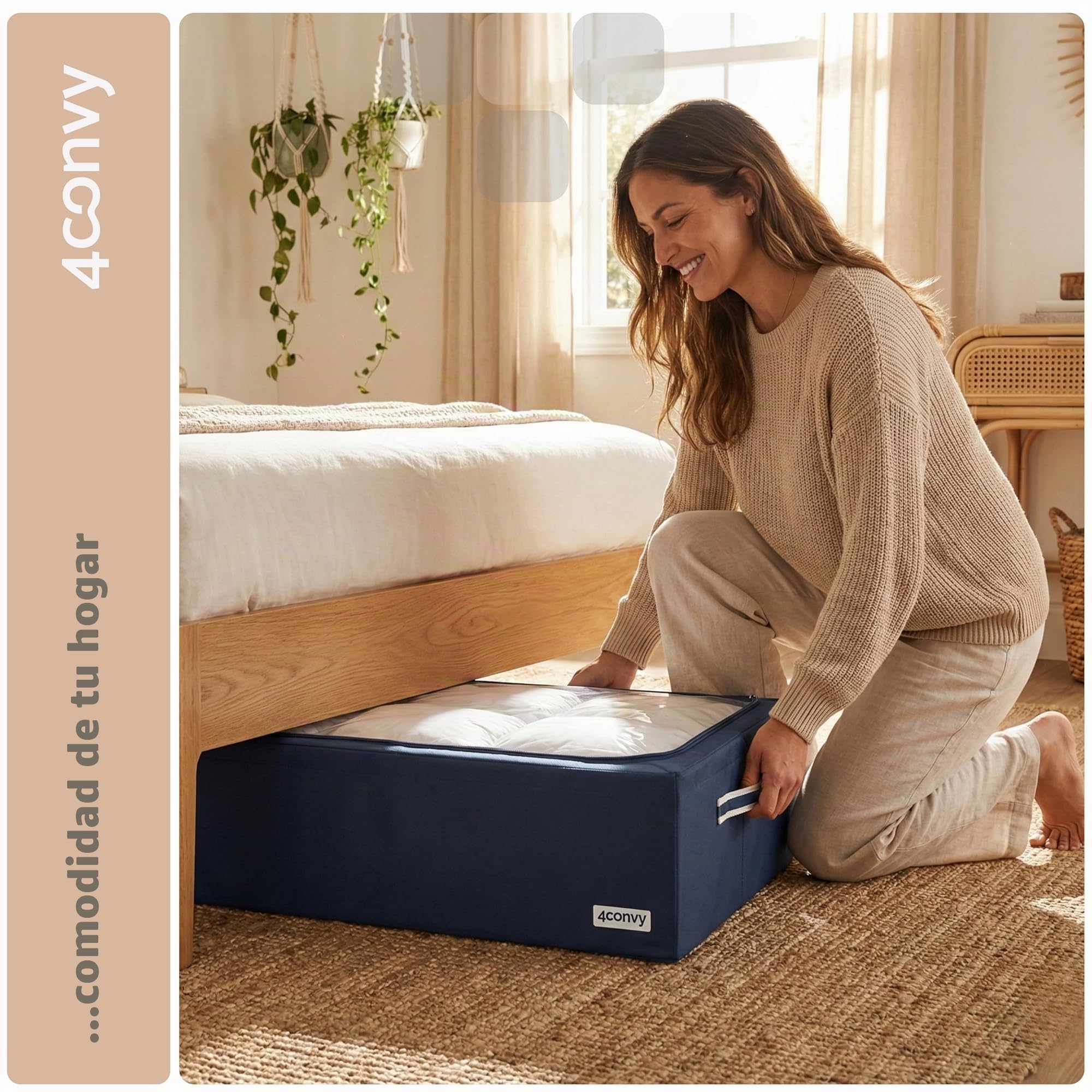 4CONVY Cajas de Almacenaje debajo de la cama con Cremallera y Marco de Metal - Bolsas para Guardar Ropa, Mantas y Edredones con Ventana Transparente - Cajas Organizadoras de Ropa Apilable - 2x68L