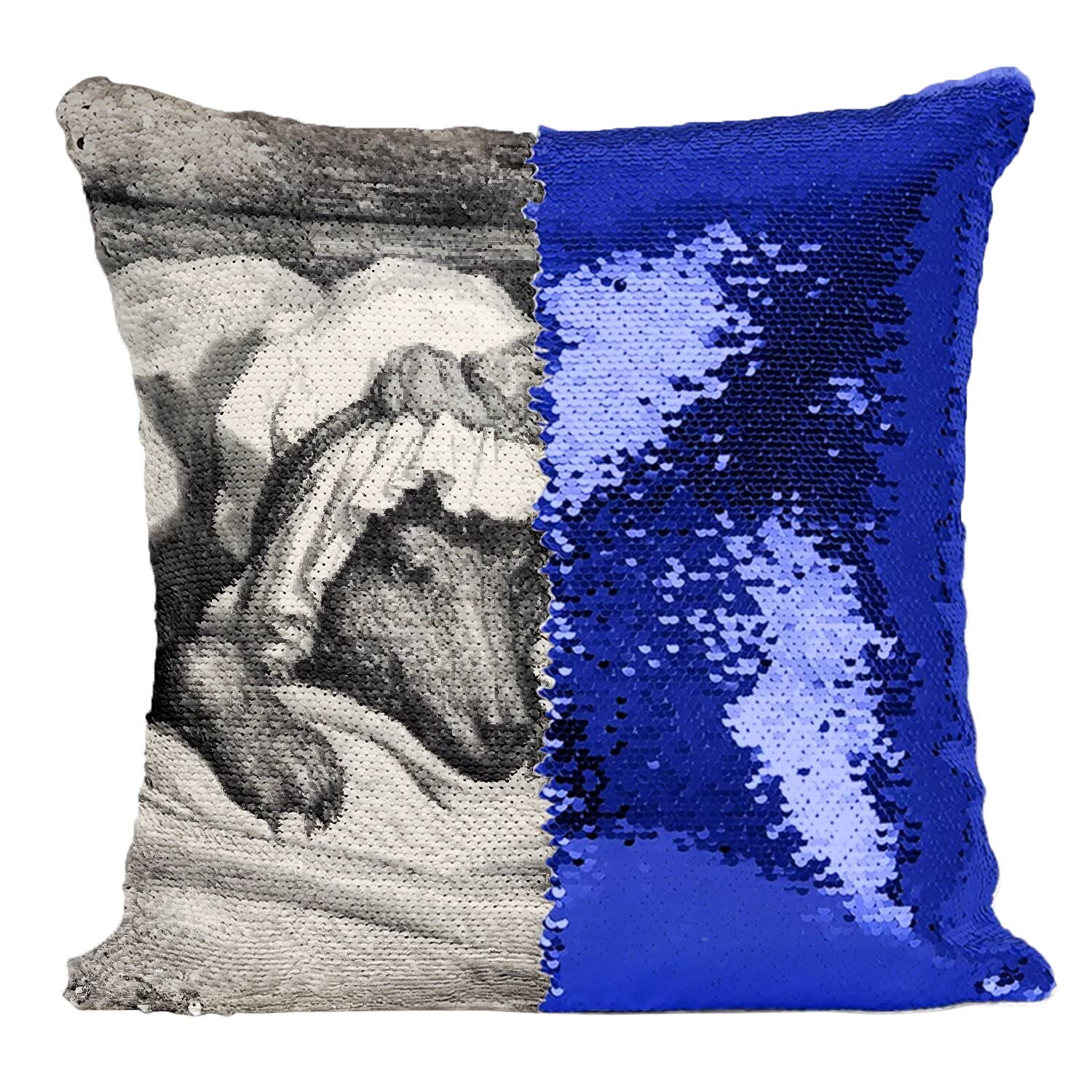 Coussin sequin bleu Chaperon Rouge canapé terne ravivé par gravure Gustave Doré
