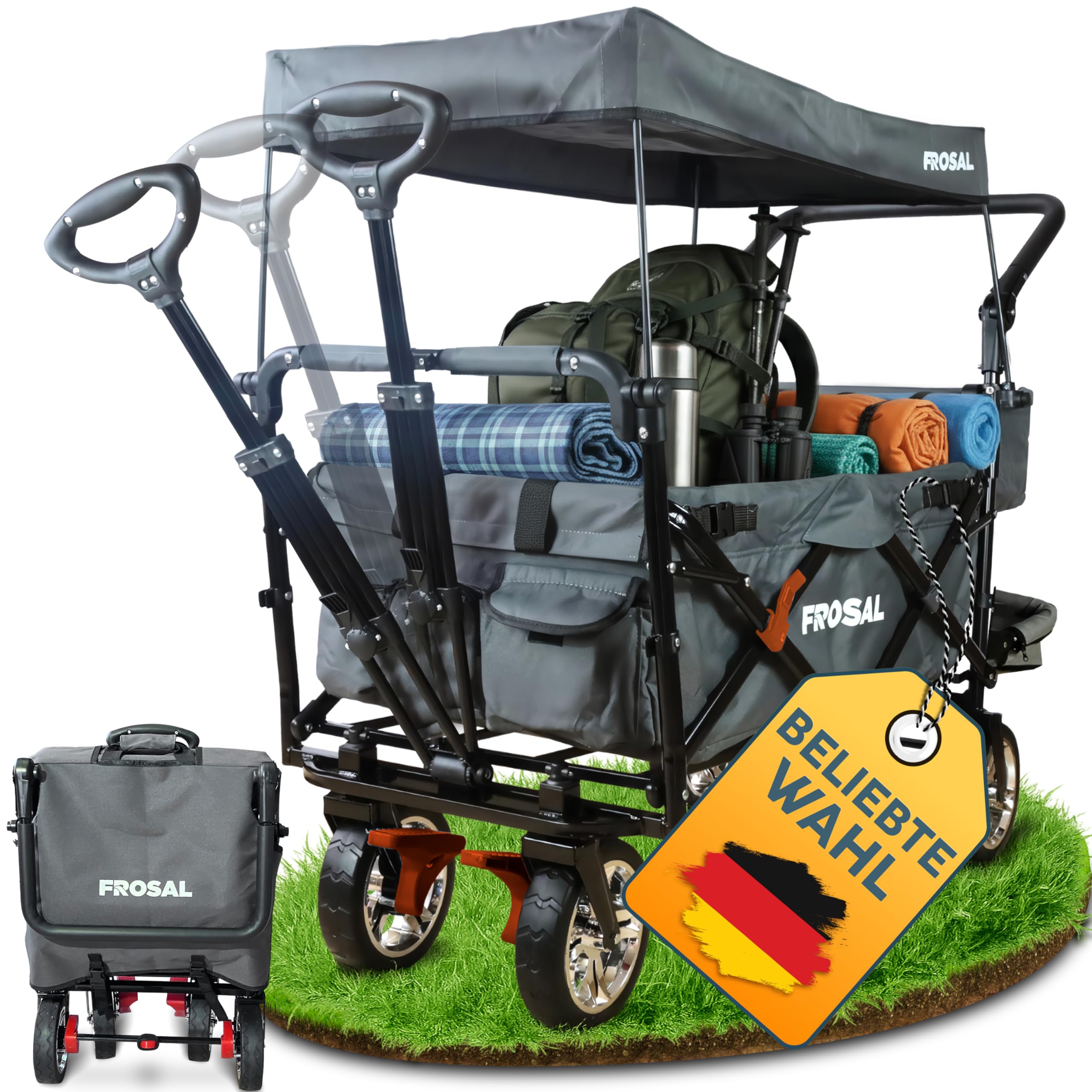 FROSAL Bollerwagen Leo grau – faltbar mit Sonnendach LSF 25 – pannensichere PU-Räder Ø ca. 20 cm – 80 kg Traglast – Vorderräder 360° drehbar – Bremsen vorne & hinten – Schiebegriff & Zugstange