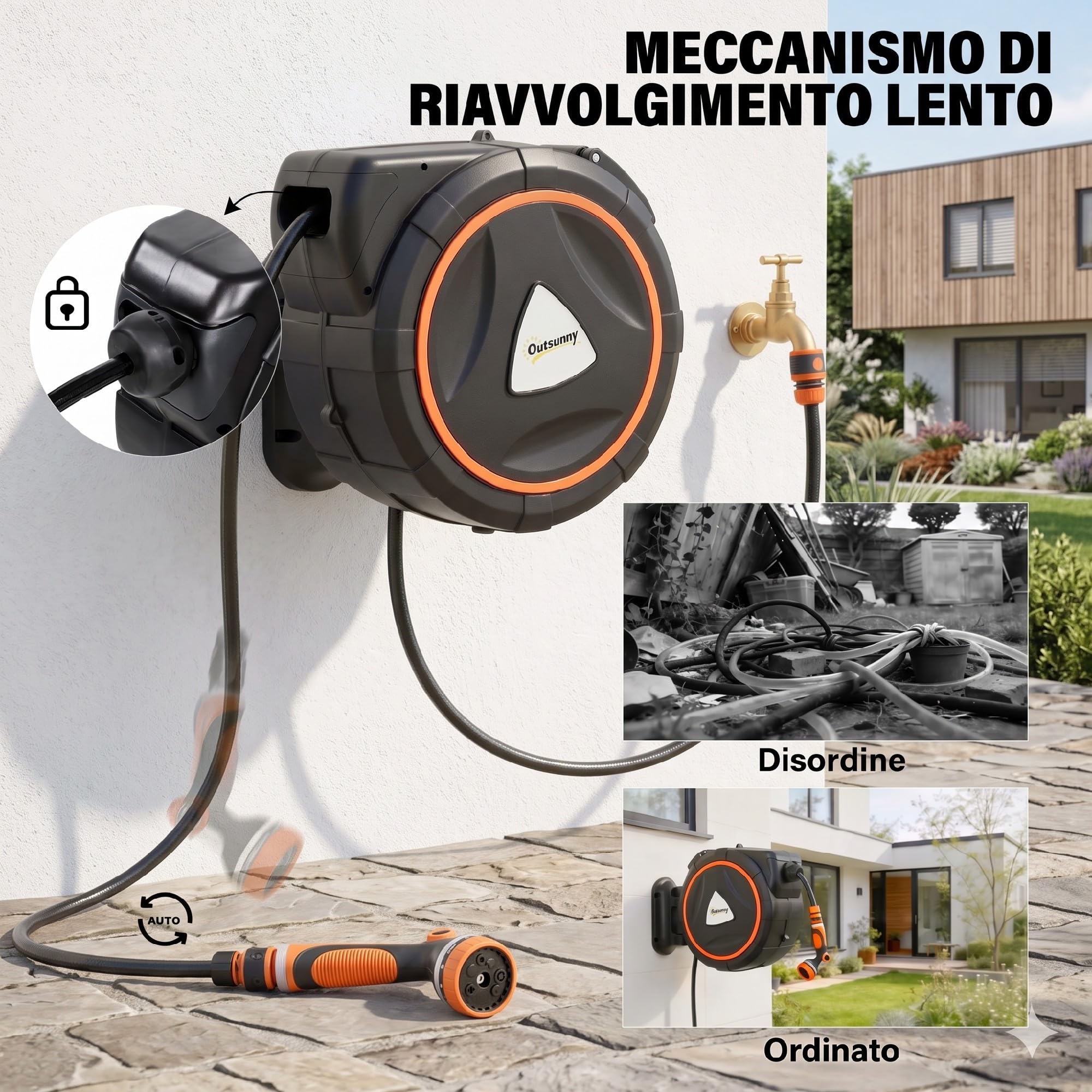 Outsunny Avvolgitubo da Giardino Retrattile con Tubo dell'Acqua 28+2 m