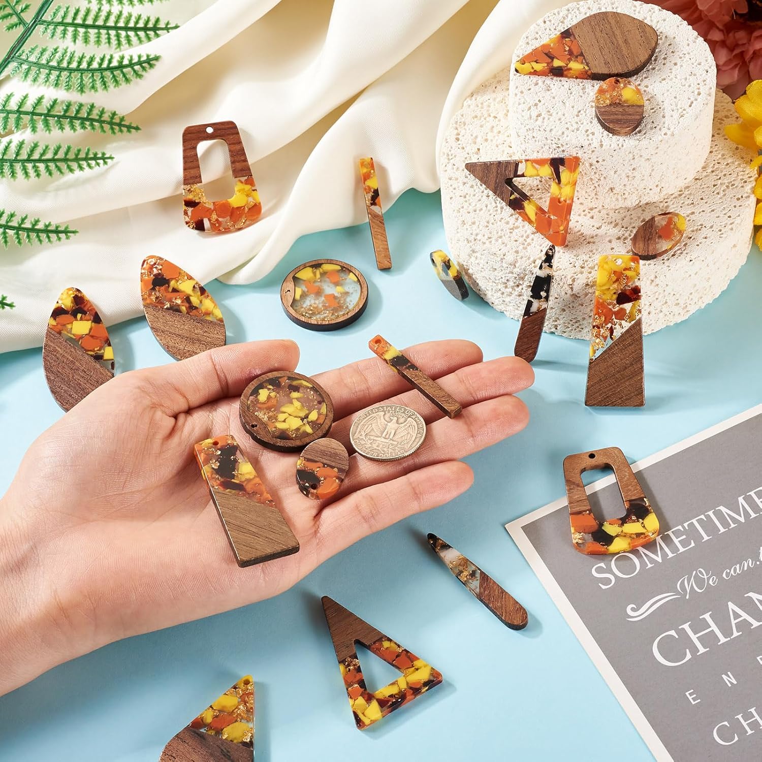 Cheriswelry 20Pcs/10 Pairs Resin Wooden Earring Pendants Gold Foil Vintage Wood Statement Charms Assorted Shape Teardrop Flat Round Triangle Trapezoid Pendants 22-49mm for DIY Jewelry Making - Image 5