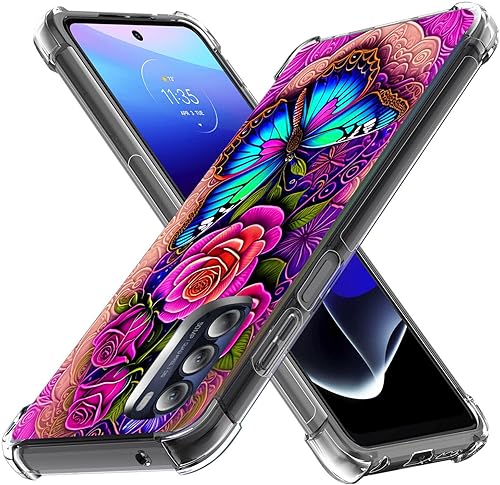 Miniatura 4 de Funda Moto G 5G 2022, diseño de flores de mariposa azul, rosa, protección contra caídas, a prueba de golpes, funda protectora de cuerpo completo