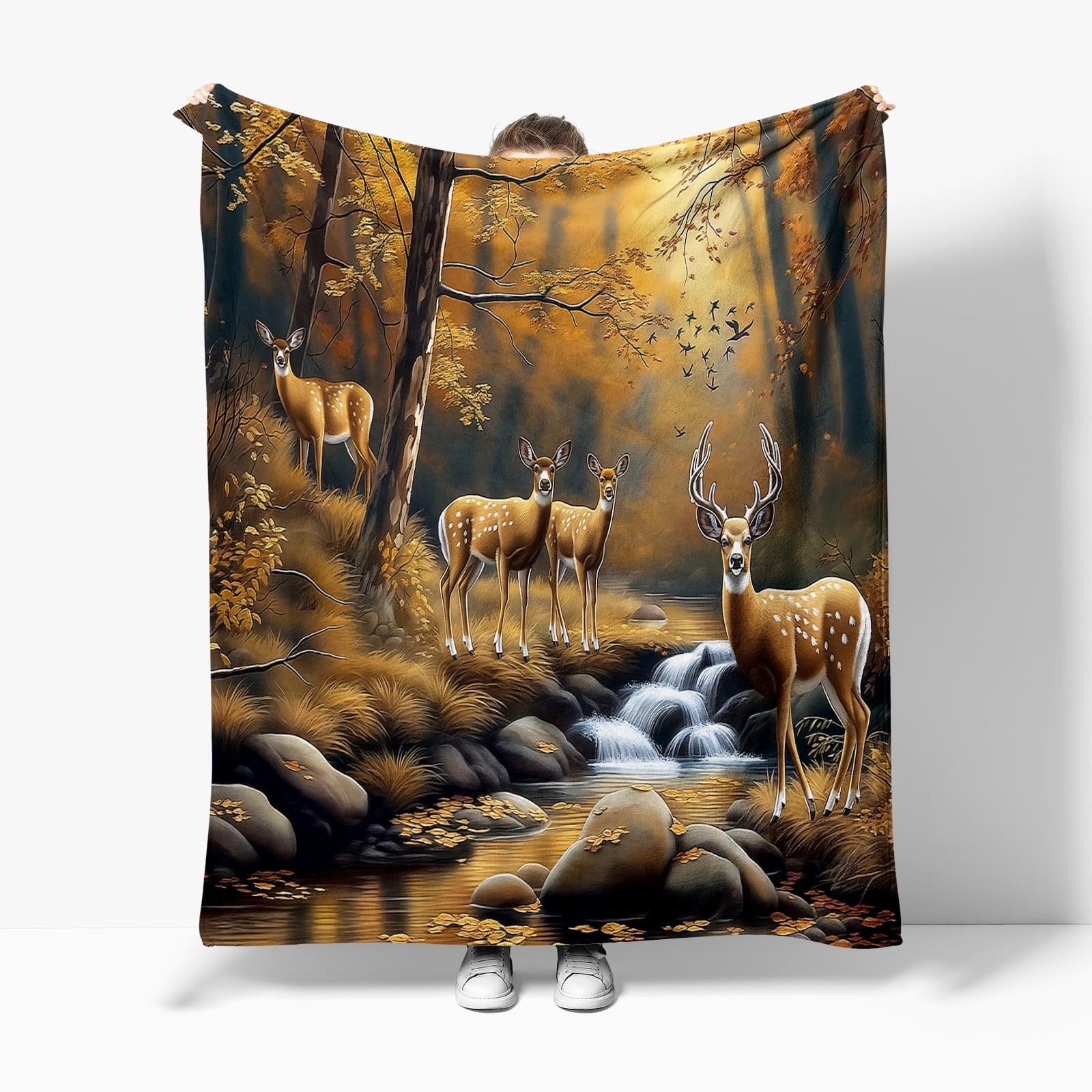 3D Plaid Couverture Polaire 150x200 cm Peinture À l'huile Cerf Animal La Forêt Hiver Chaude Douce Moelleuse Microfibre Couverture de Lit Couvre-lit Jeté de Canapé, Convient Adulte et Enfant