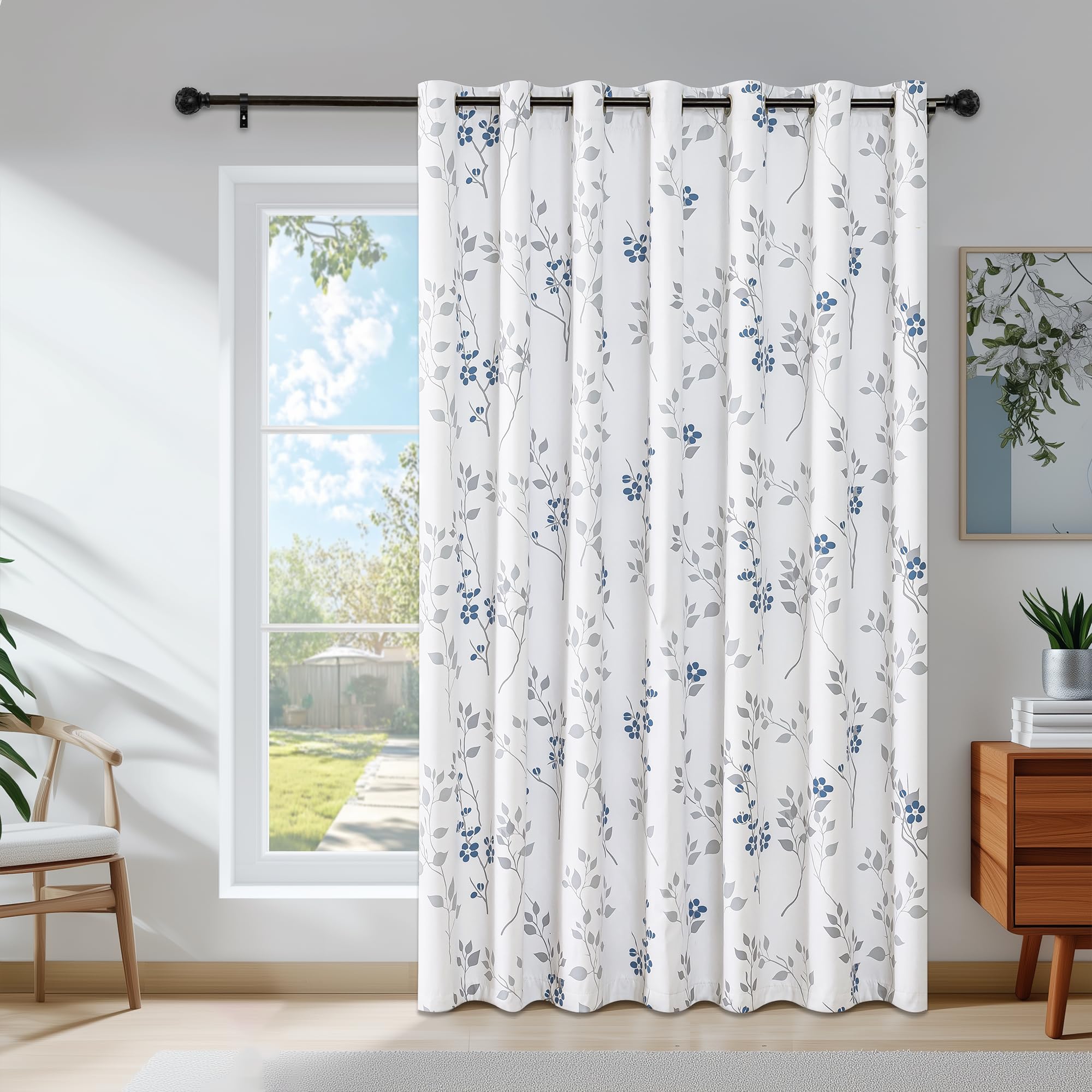 Beauoop Floral 100% Blackout Curtains 84 Inch Length 1 Panel for Patio Sliding Door Extra Wide Blue Grey Flower Patterned Divider Room Darkening Thermal Soundproof Grommet Window Drapes,100x84, 1 Set