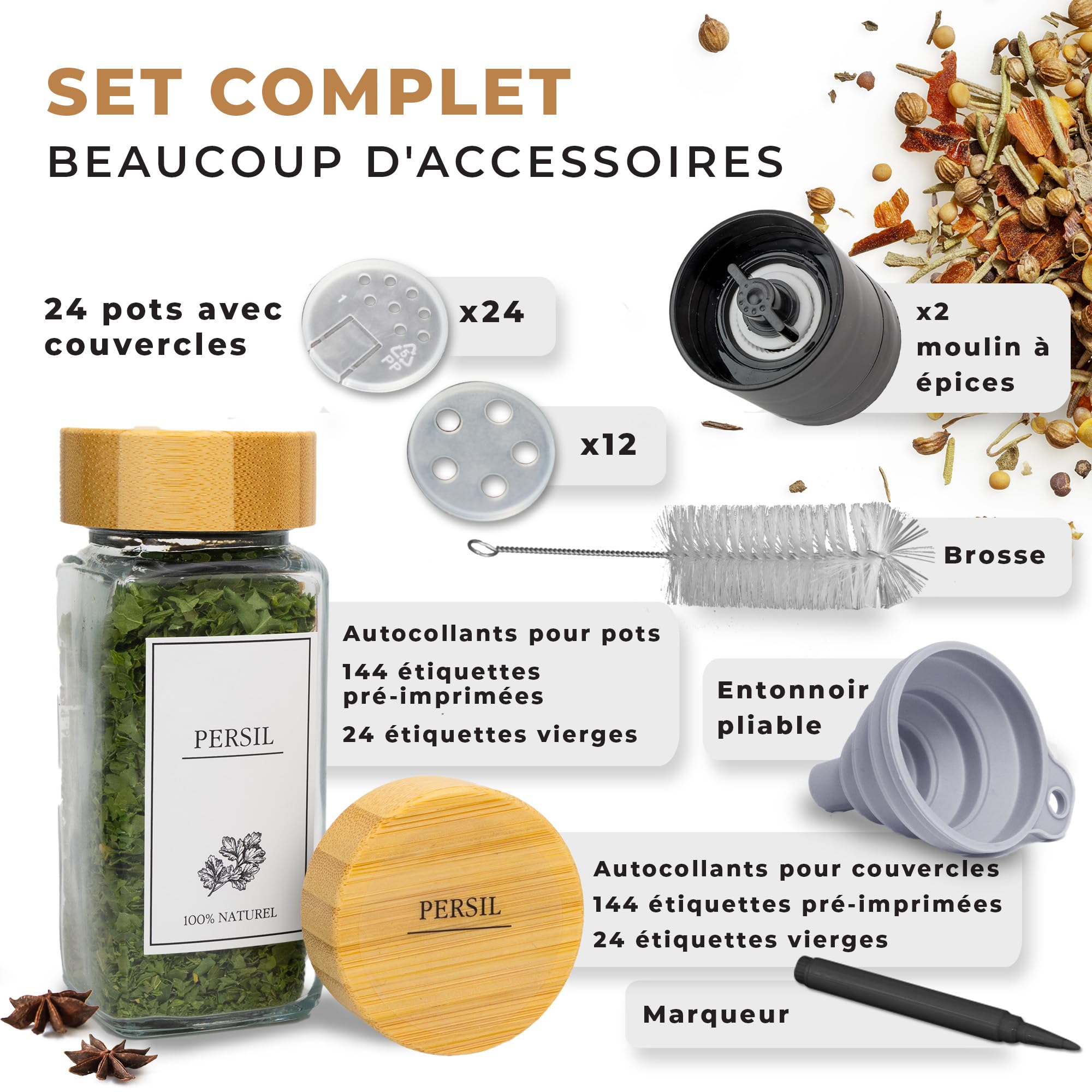 comforder – Pots à Épices en Verre et Bois + 336 Étiquettes Françaises pour Épices + 2 Moulins – 24 Bocaux de Cuisine 120 ml