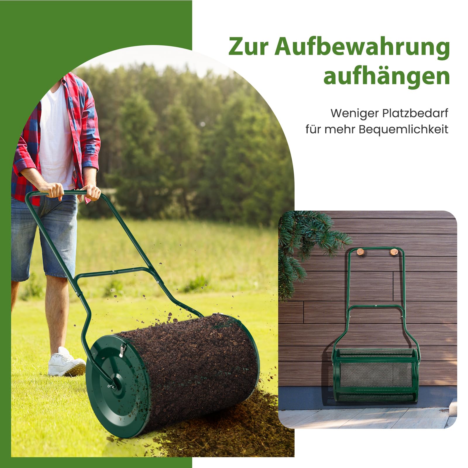 GOPLUS Esparcidor de Compost de 80 L, con Cierres Laterales y Mango en Forma de U, Esparcidor de Turba con Malla de Metal, Esparcidor de Jardín para Musgo de Turba, Fertilizante, Semillas (Verde)