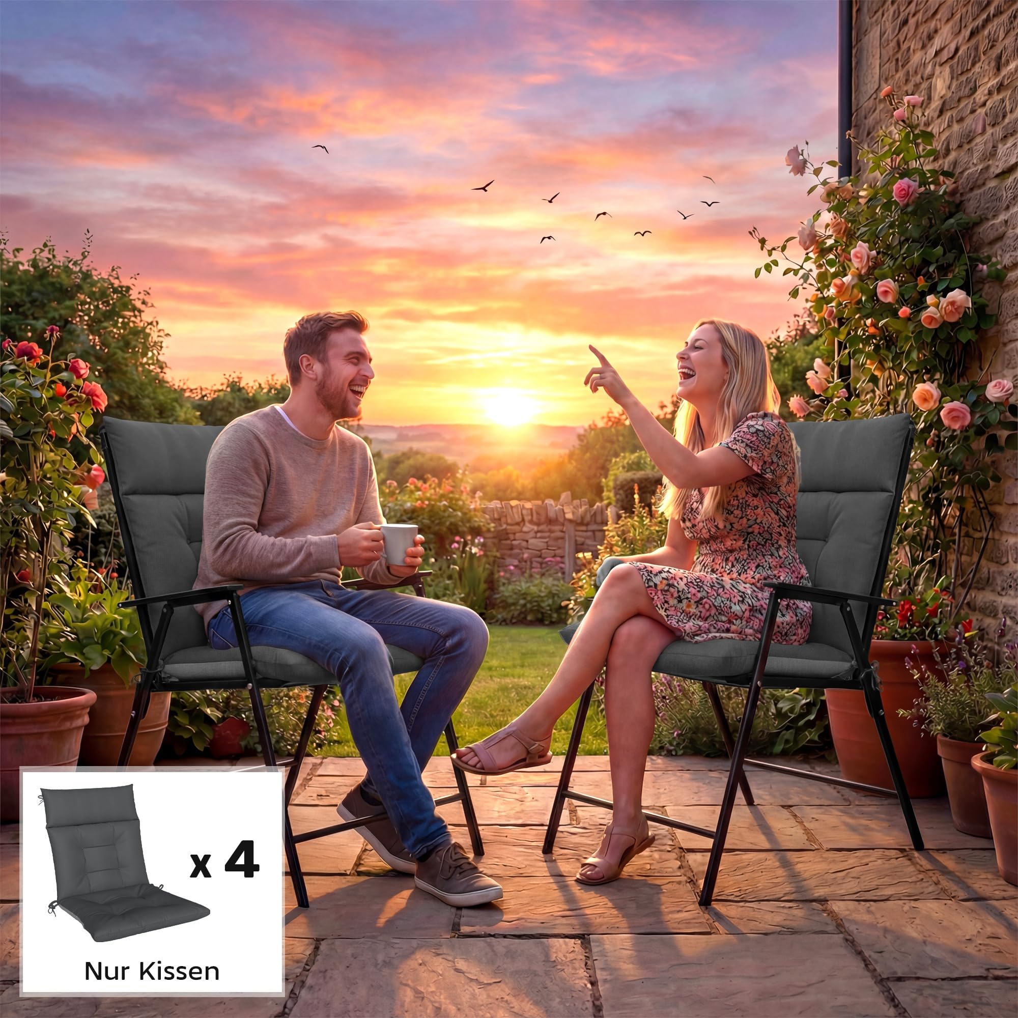Outsunny 4er Set Sitzkissen Wasserabweisend 111,5 x 53 x 8 cm Dunkelgrau | Rutschfest, Stuhlkissen Mit Bändern, Indoor Outdoor Sitzauflage, Sitzpolster, Stuhlpolster für Gartenmöbel, für Sitzstuhl