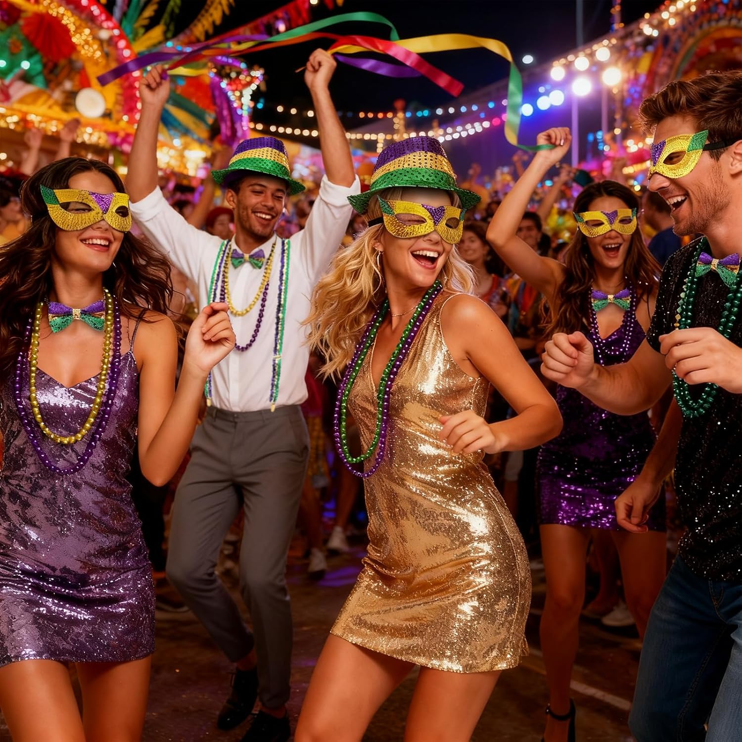 16PCS Mardi Gras Accessories Set, Sequin Fedora Hat Bow Tie Masquerade Mask Suspenders Mardi Gras Bead Necklaces for Men Costume Outfit Carnival Party - Image 8