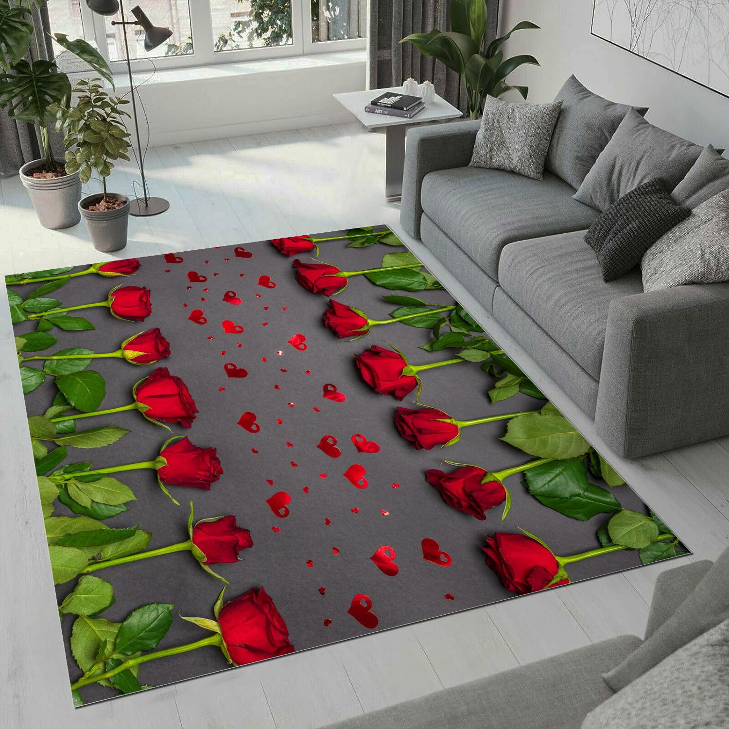 Tapis rose salon chambre duveteux doux fleurs 3D lavable 100x150