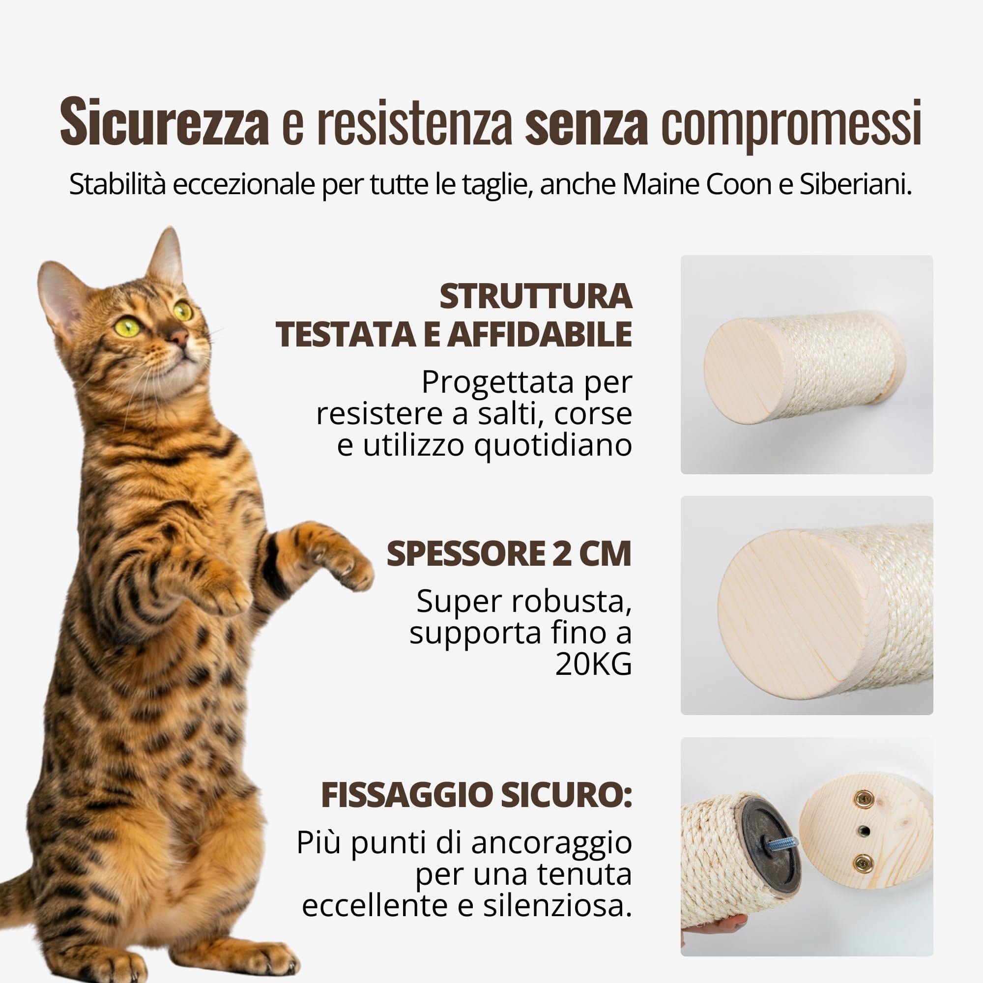 Tronchetto Tiragraffi per Gatti in legno d’Abete Artigianale, in corda di Sisal, ideale come scaletta e elemento di collegamento per Percorso da Muro per Gatti, fino a 20Kg, Percorsopergatti