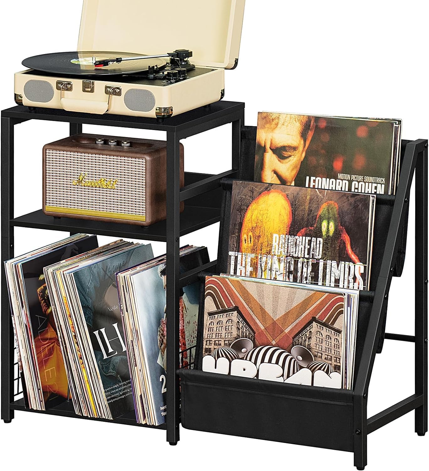 11112 Black End Table,Record Player Stand with Vinyl Storage,3 Tier Side Table with Display Shelf Storage Up to 150 Albums,Industrial Large Record Holder Cabinet for Living Room-picture-22