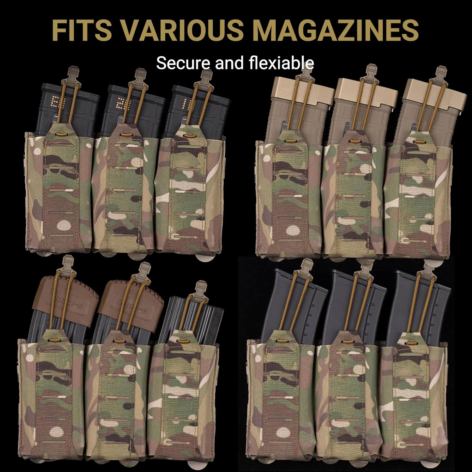 UniPro MG-87 Tactical Triple Magazine Pouch, Multicam Camo, Nylon, 9.4x5.5 Inch, Open Top Design, Elastic Bungee Retention, MOLLE Compatible