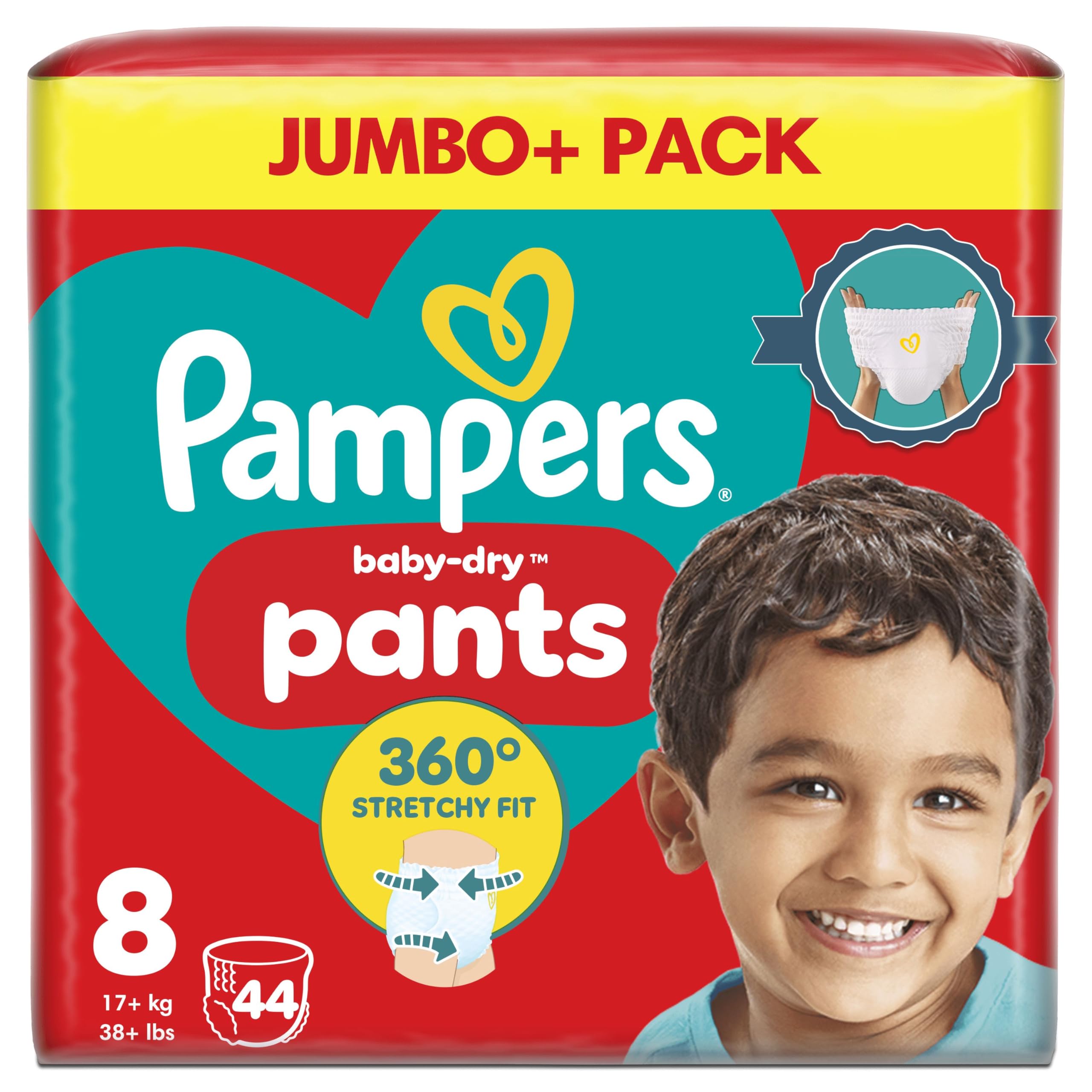 Baby-Dry Nappy Pants Size 8, 44 Nappies, 17kg+, Jumbo+ Pack, 360° Fit to Help Prevent Gaps and Leaks