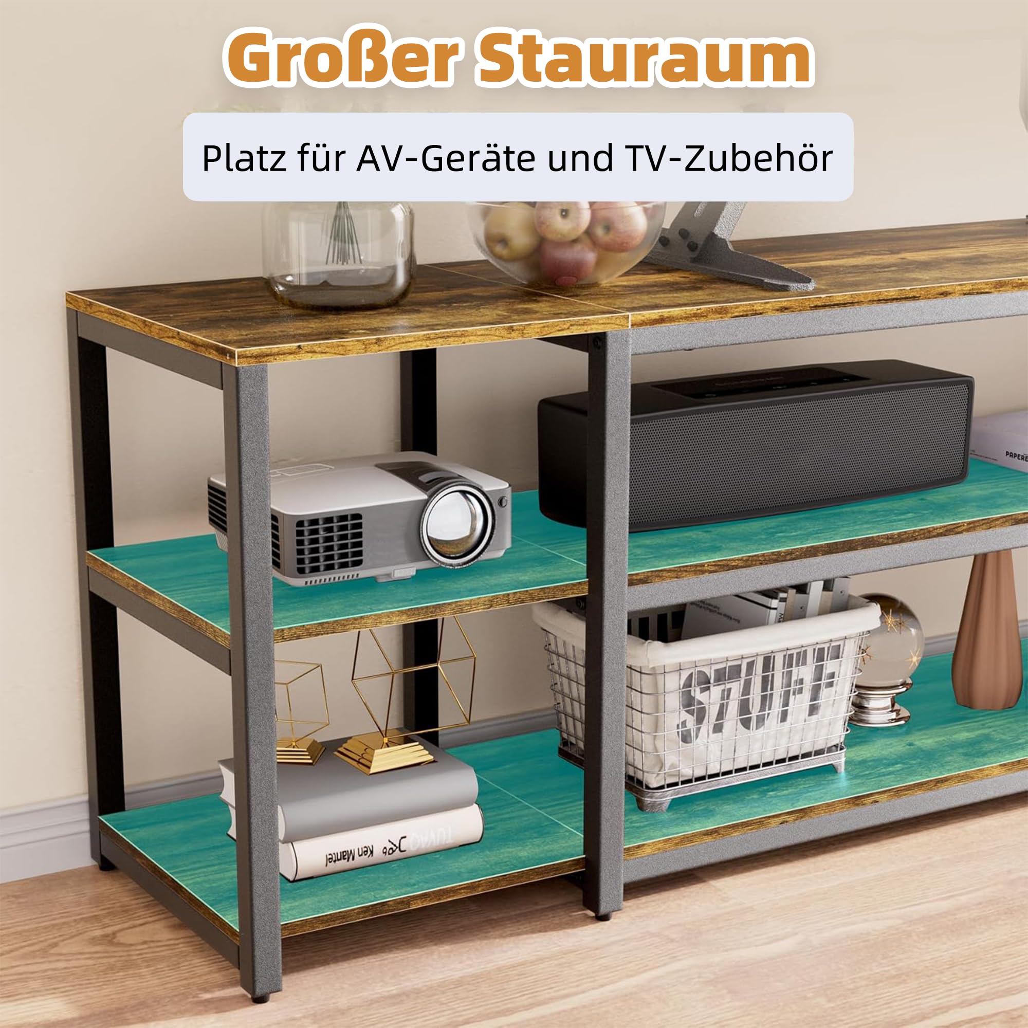 Aquzee Lowboard, 191 cm Lang TV Schrank, Großer Fernsehschrank für 60-85 Zoll TVs, Fernsehtisch TV Board, Holz und Metall, 3-stöckiger Stauraum Regal Cabinet für Wohnzimmer