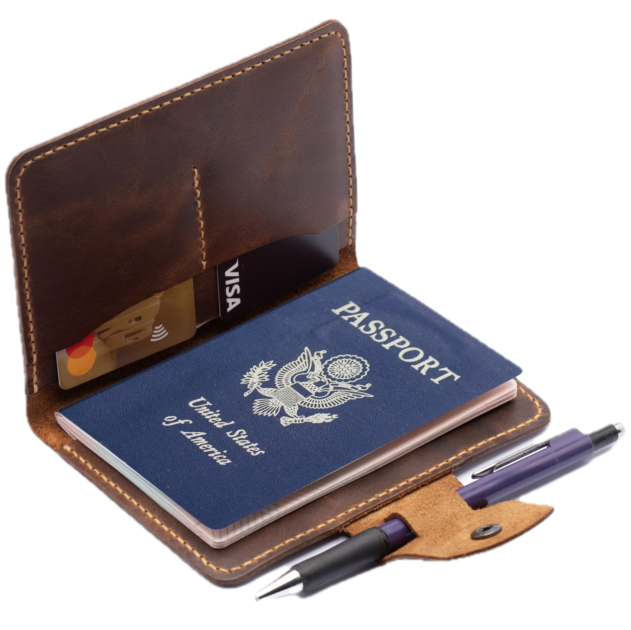 Handmade Passport Leather Case, Wallet Credit Card Holder (Dark Brown)